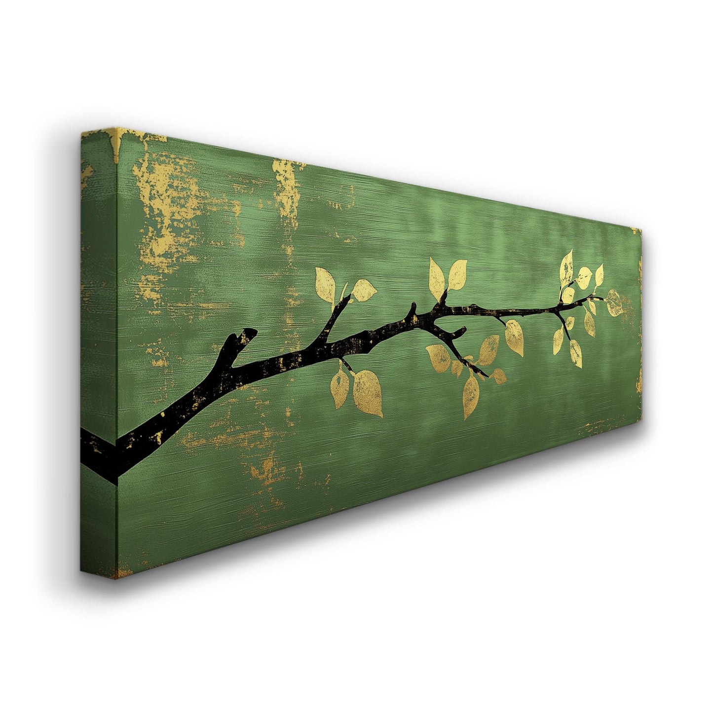 Golden Apple Branch Panoramic Green Moody, Minimal Farmhouse Country Canvas Print, Nature Bloom Printed Canvas Art