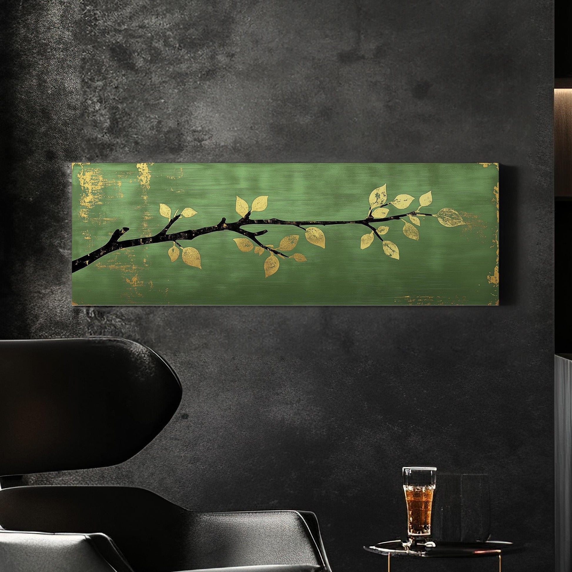 Golden Apple Branch Panoramic Green Moody, Minimal Farmhouse Country Canvas Print, Nature Bloom Printed Canvas Art
