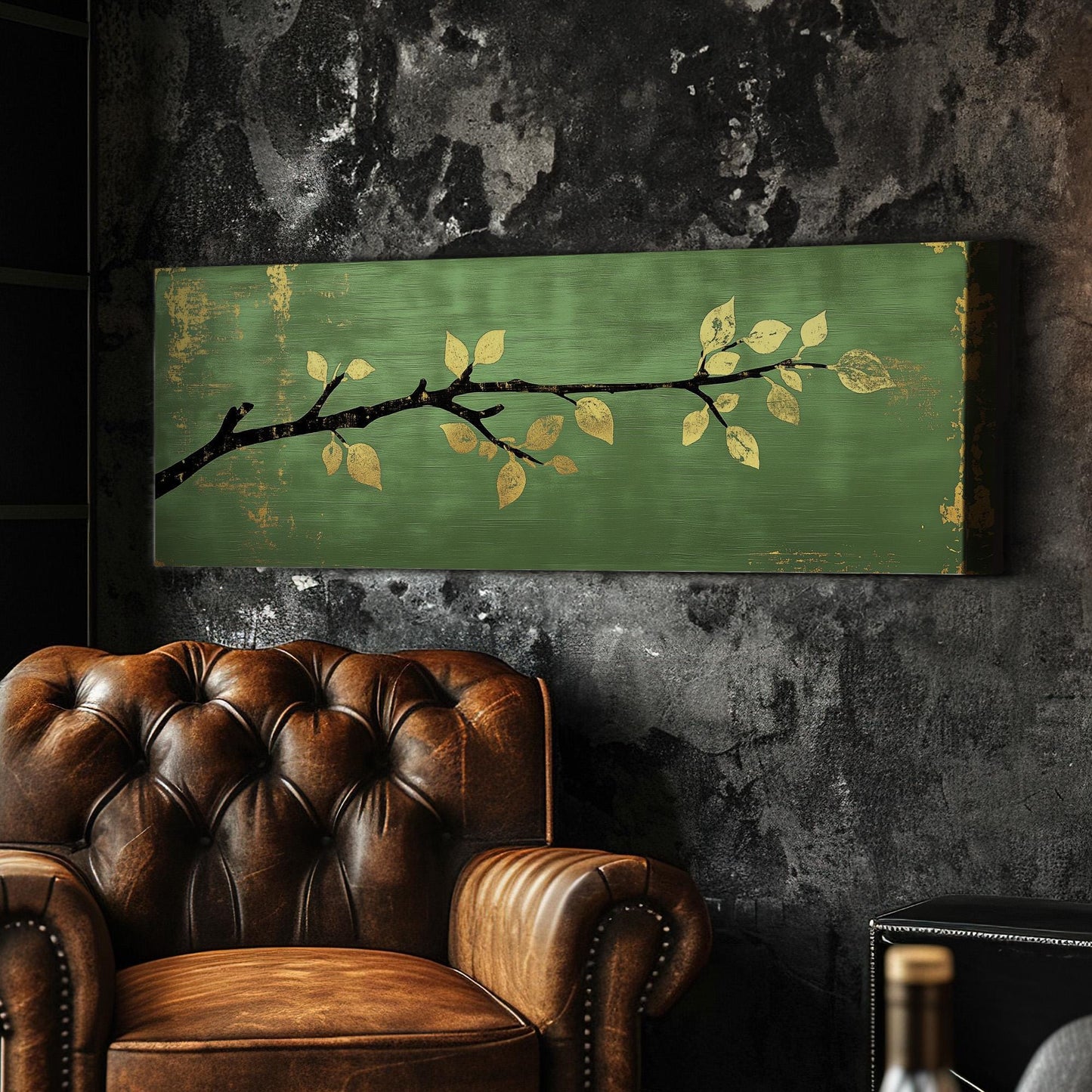 Golden Apple Branch Panoramic Green Moody, Minimal Farmhouse Country Canvas Print, Nature Bloom Printed Canvas Art