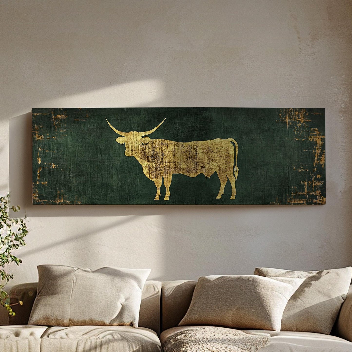 Texas Longhorn Canvas Print: Green and Gold Farmhouse Art