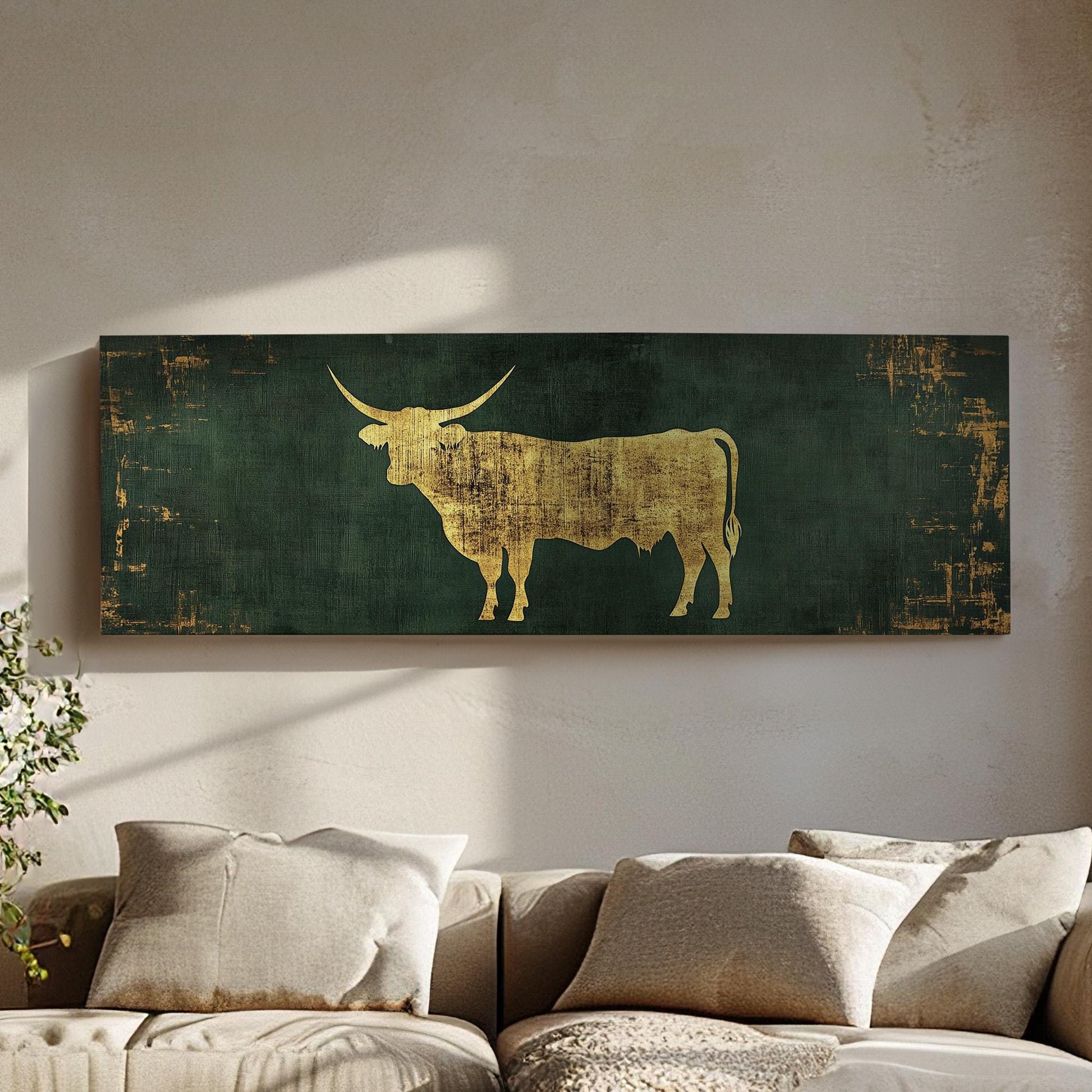 Texas Longhorn Canvas Print: Green and Gold Farmhouse Art