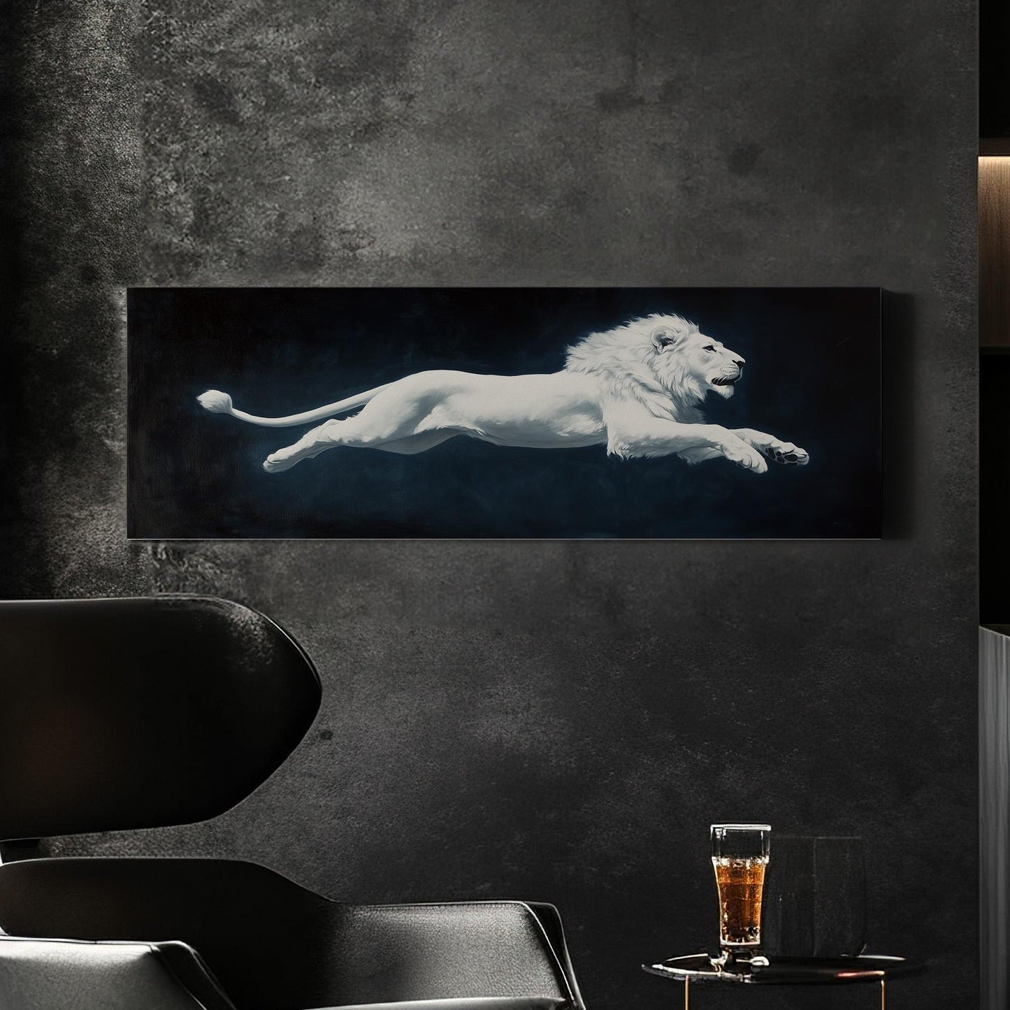 Majestic White Lion Panoramic Rustic, Minimal Wild Serenity Canvas Print, Moody Minimal Printed Canvas Art