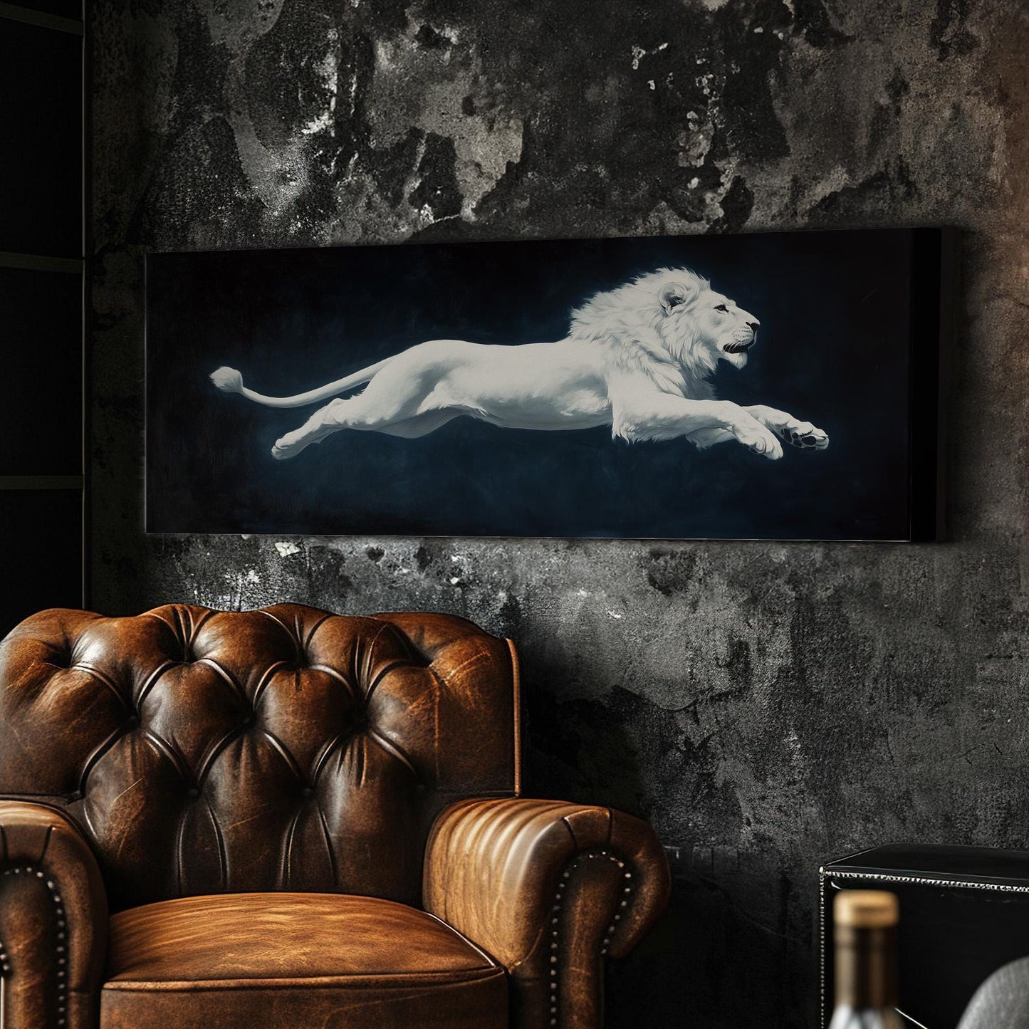 Majestic White Lion Panoramic Rustic, Minimal Wild Serenity Canvas Print, Moody Minimal Printed Canvas Art