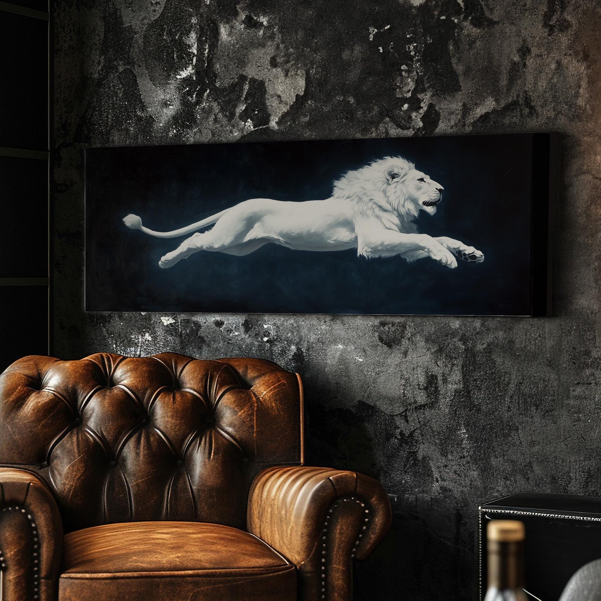 Majestic White Lion Panoramic Rustic, Minimal Wild Serenity Canvas Print, Moody Minimal Printed Canvas Art