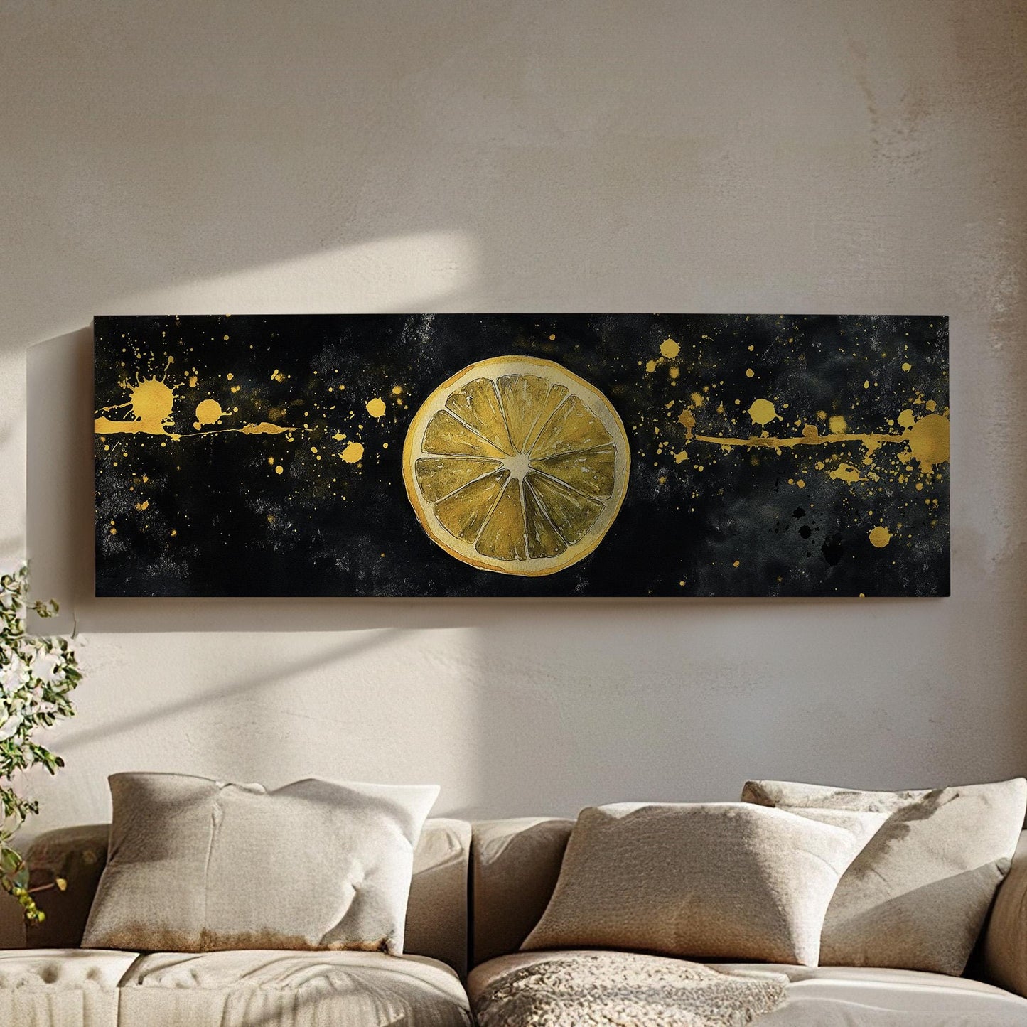 Minimal Lemon Slice Panoramic Farmhouse Kitchen, Minimal Citrus Colors Canvas Print, Country Art Printed Canvas Art