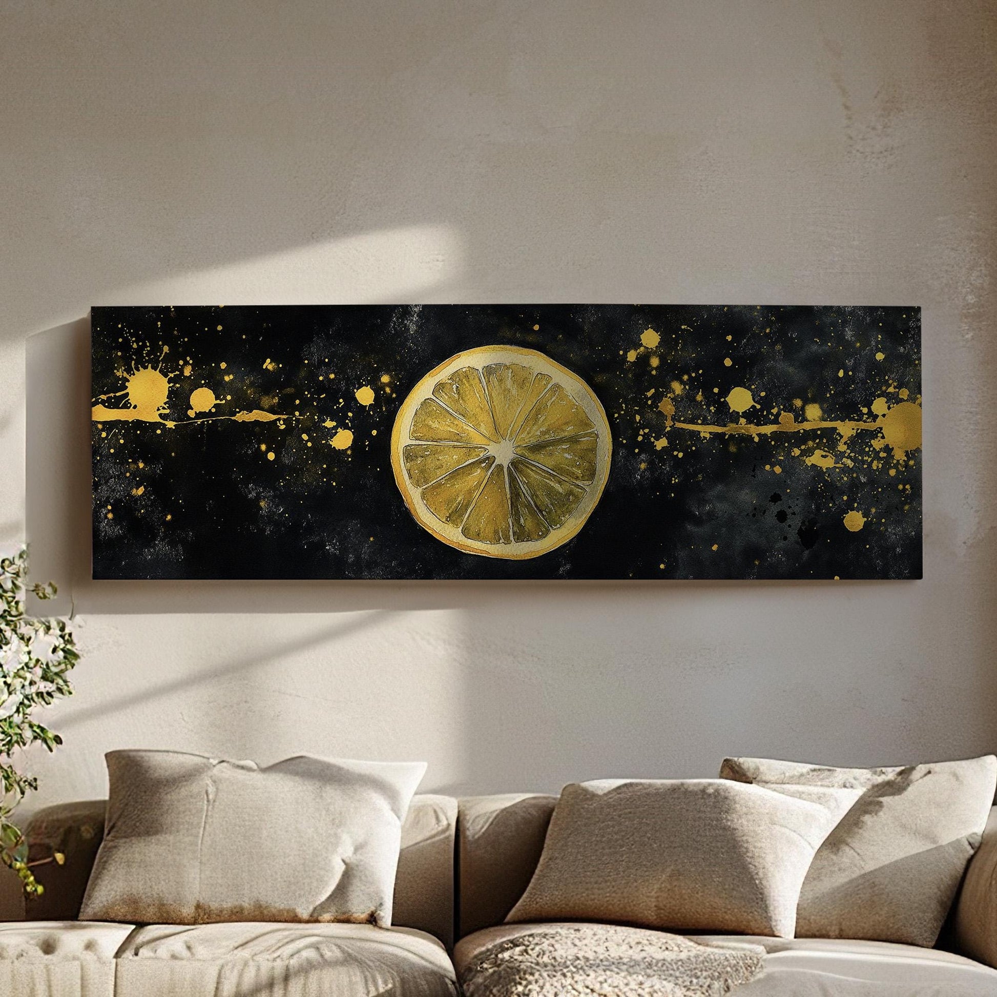 Minimal Lemon Slice Panoramic Farmhouse Kitchen, Minimal Citrus Colors Canvas Print, Country Art Printed Canvas Art
