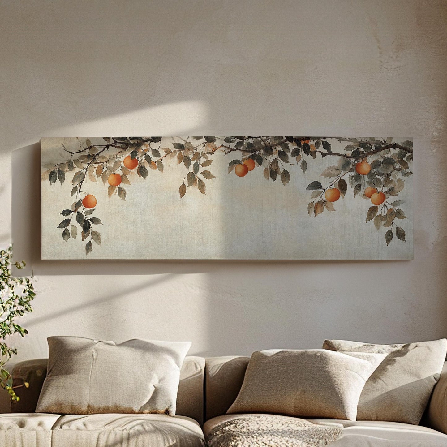 Moody Orange Branch Panoramic Fresh Citrus, Minimal Kitchen Wall Canvas Print, Country Style Printed Canvas Art