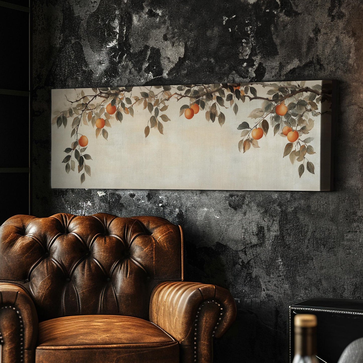 Moody Orange Branch Panoramic Fresh Citrus, Minimal Kitchen Wall Canvas Print, Country Style Printed Canvas Art