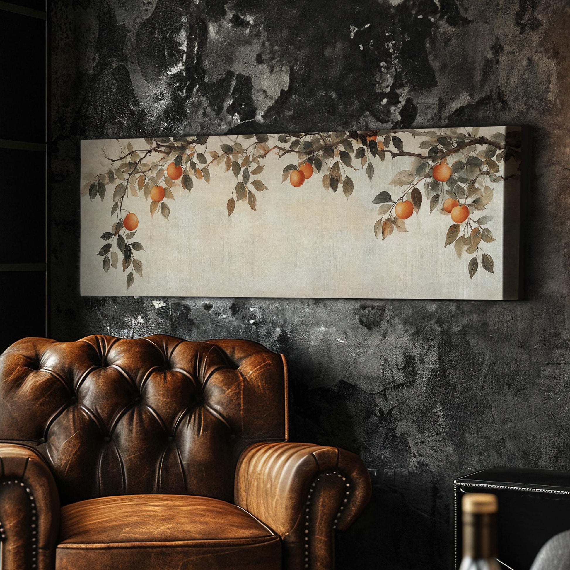 Moody Orange Branch Panoramic Fresh Citrus, Minimal Kitchen Wall Canvas Print, Country Style Printed Canvas Art