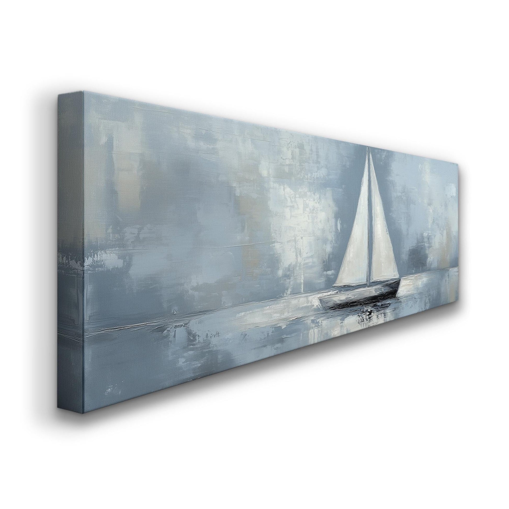 Moody Sailing Panoramic Sailboat Nautical, Minimal Rustic Sea Canvas Print, Maritime Calm Printed Canvas Art