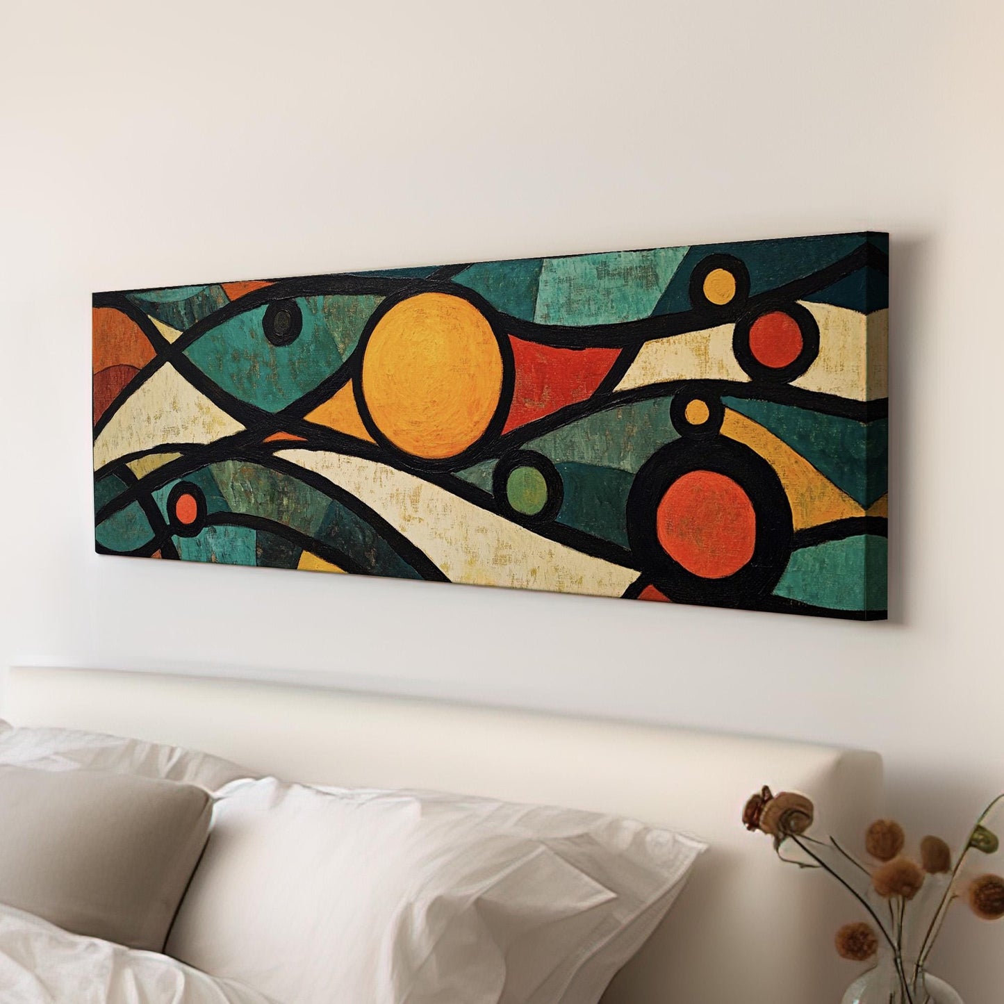 Mosaic Sun Panoramic Warm Hues, Minimal Vibrant Abstract Canvas Print, Colorful Planets Printed Canvas Art