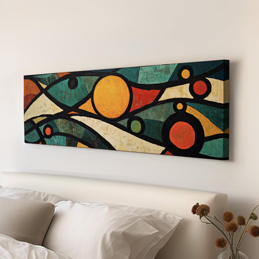 Mosaic Sun Panoramic Warm Hues, Minimal Vibrant Abstract Canvas Print, Colorful Planets Printed Canvas Art