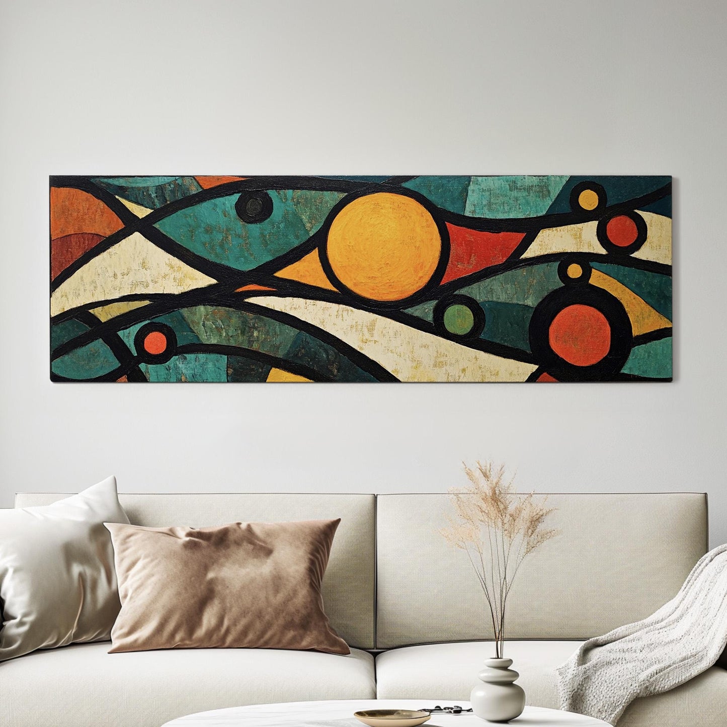 Mosaic Sun Panoramic Warm Hues, Minimal Vibrant Abstract Canvas Print, Colorful Planets Printed Canvas Art