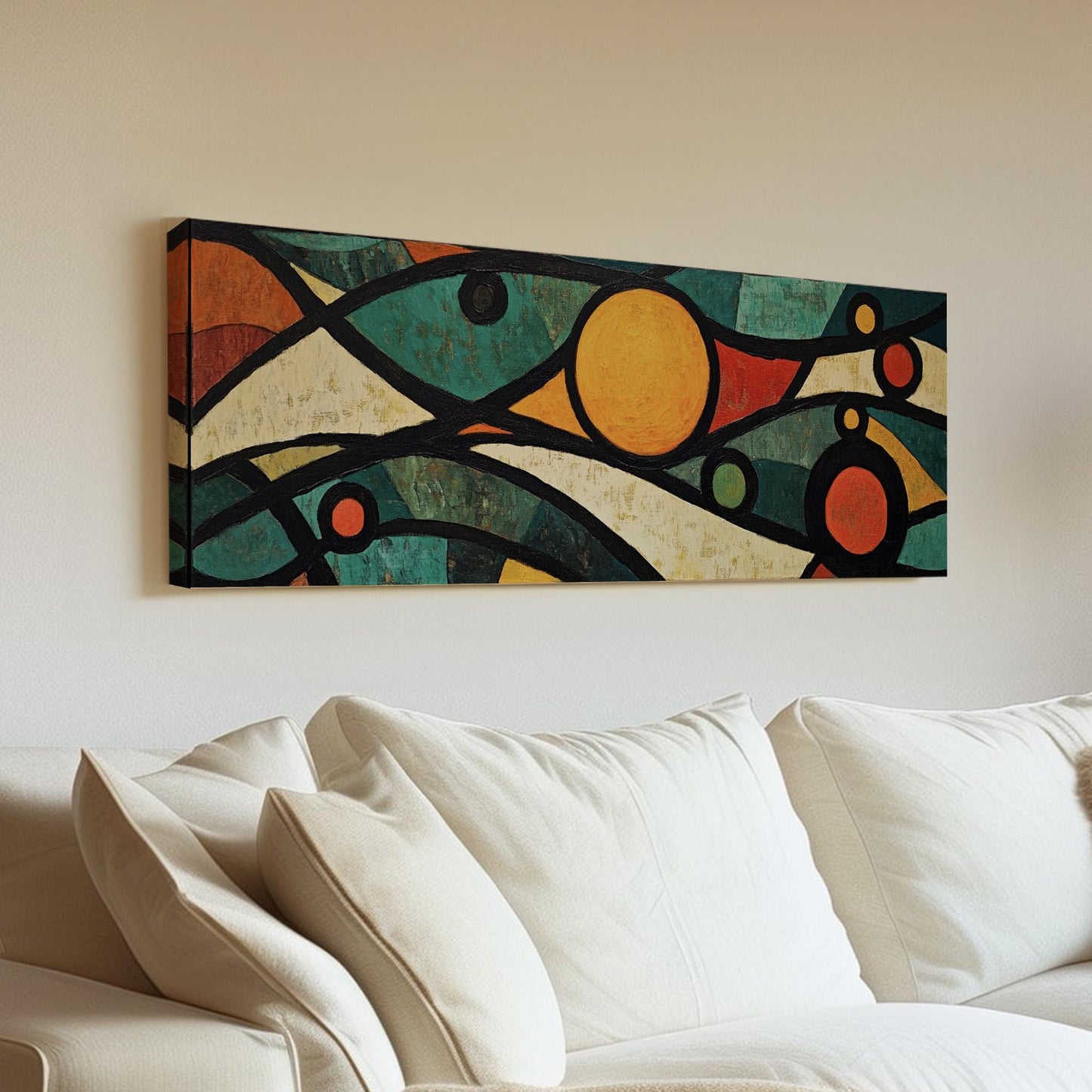 Mosaic Sun Panoramic Warm Hues, Minimal Vibrant Abstract Canvas Print, Colorful Planets Printed Canvas Art