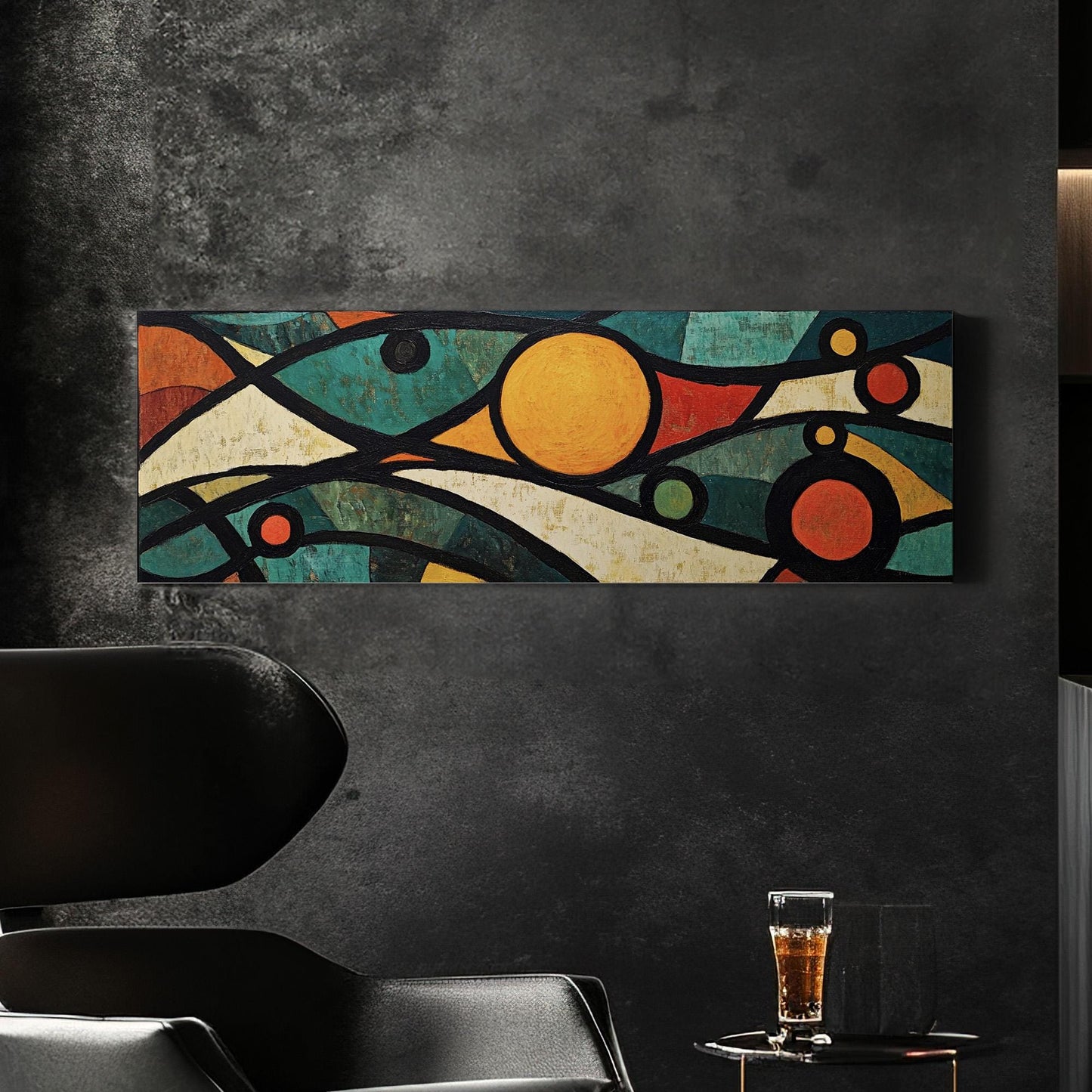 Mosaic Sun Panoramic Warm Hues, Minimal Vibrant Abstract Canvas Print, Colorful Planets Printed Canvas Art