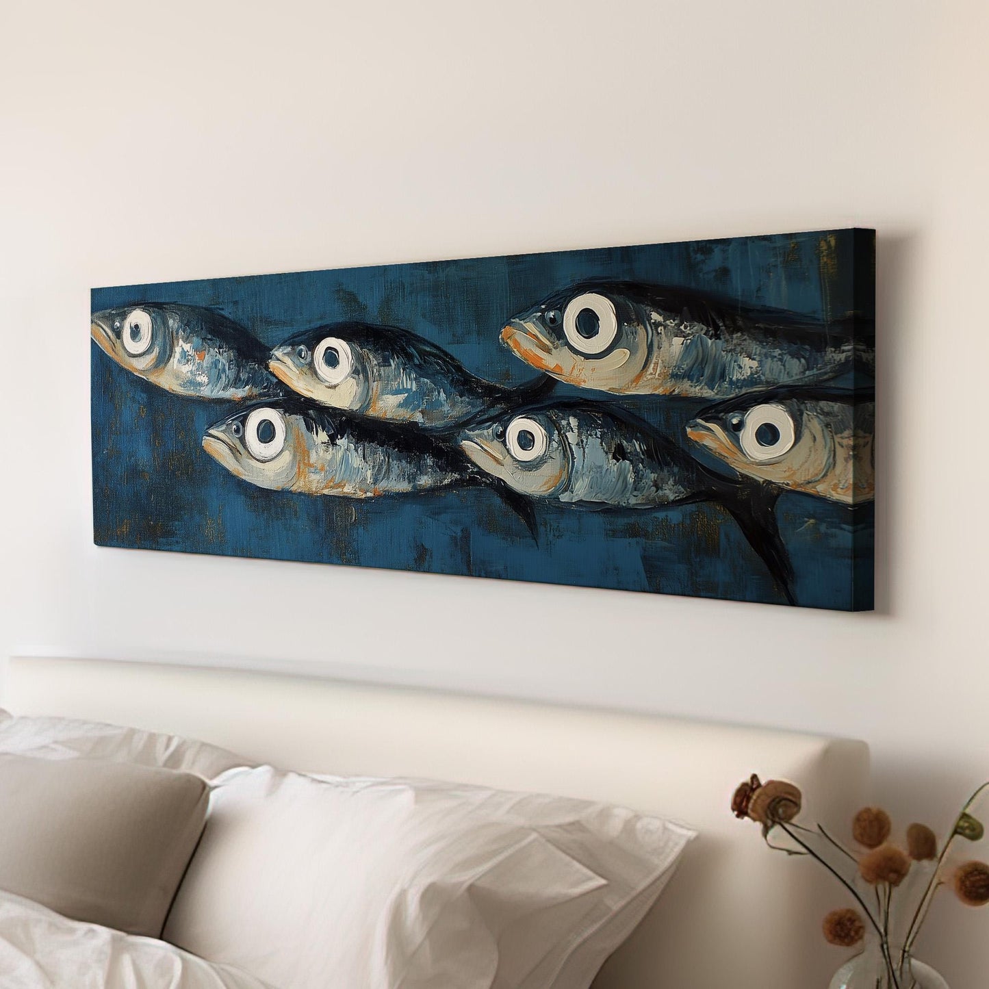 Nautical Sardines Theme Panoramic Ocean Charm, Minimal Seaside Serenity Canvas Print, Rustic Vibes Printed Canvas Art