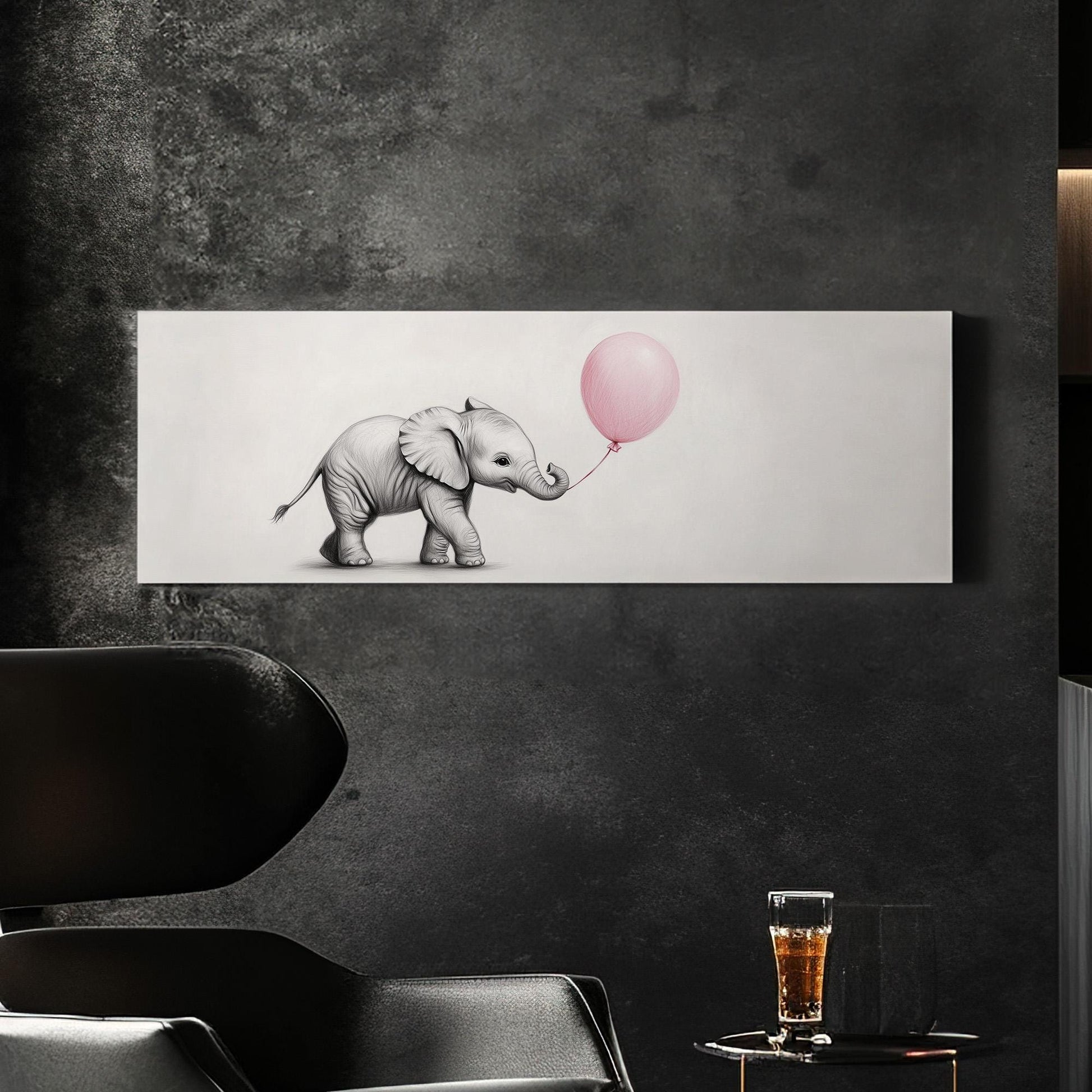 Nursery Elephant With a Balloon Panoramic African Elephant, Minimal Animal Lover Canvas Print, Boho Japandi Printed Canvas Art