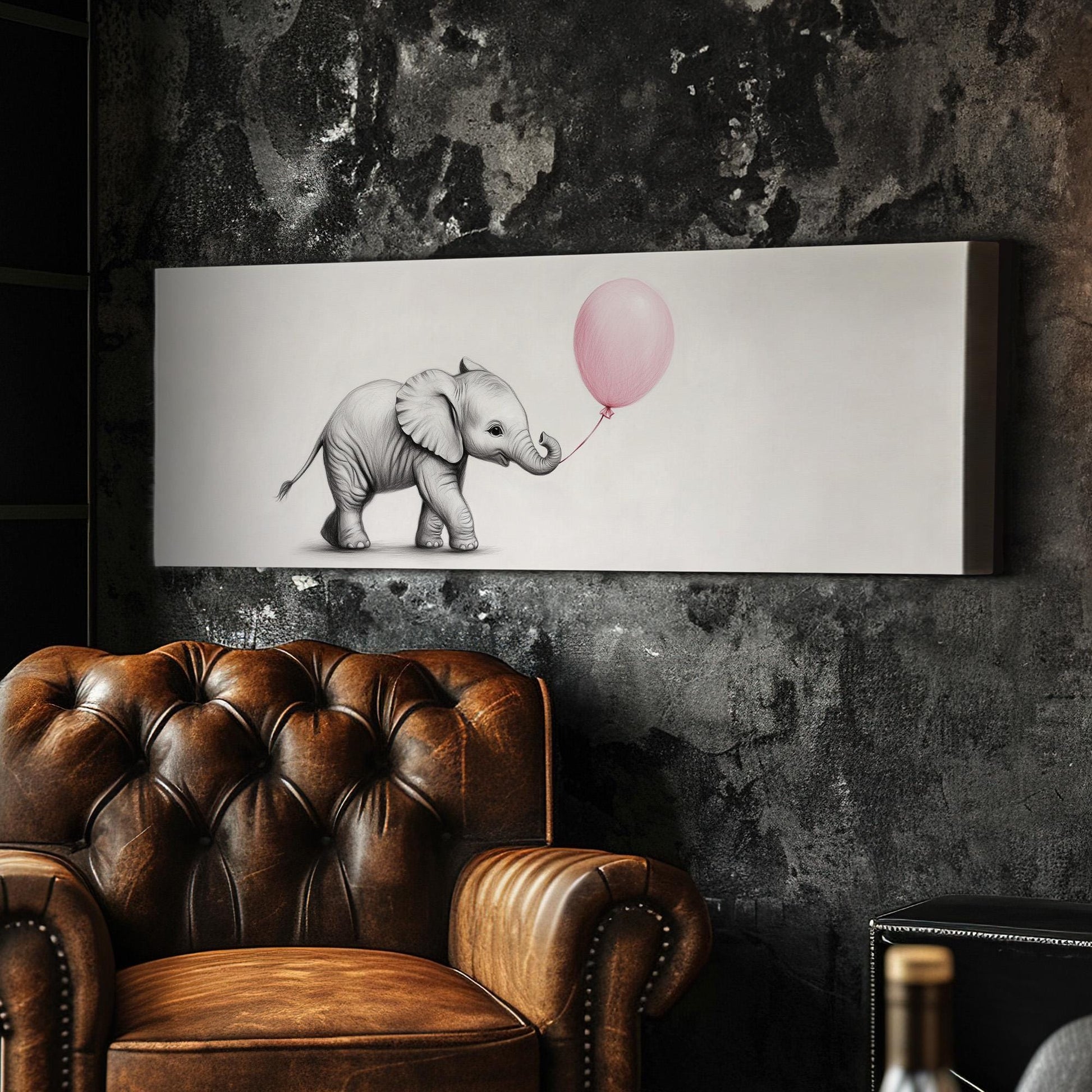 Nursery Elephant With a Balloon Panoramic African Elephant, Minimal Animal Lover Canvas Print, Boho Japandi Printed Canvas Art