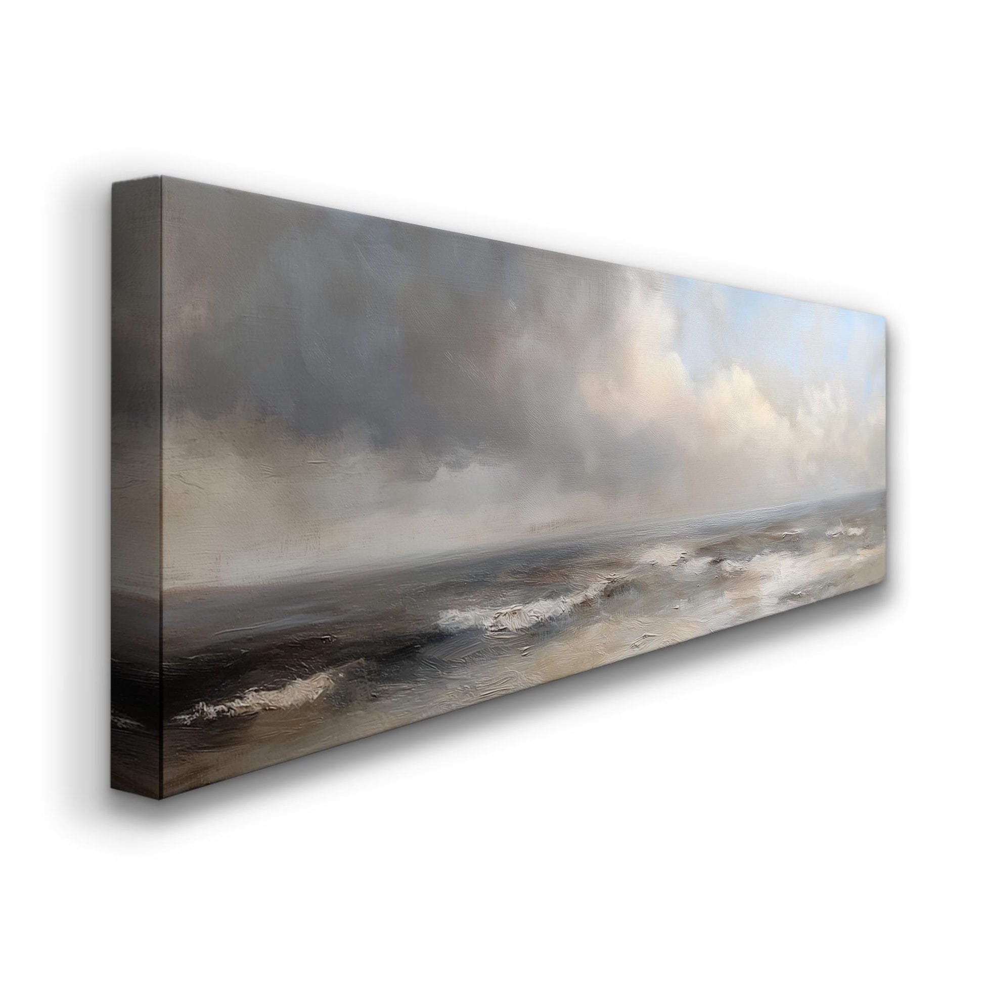 Rough Waves Panoramic Muted Beach, Minimal Nautical Art Canvas Print, Coastal Sunset Printed Canvas Art