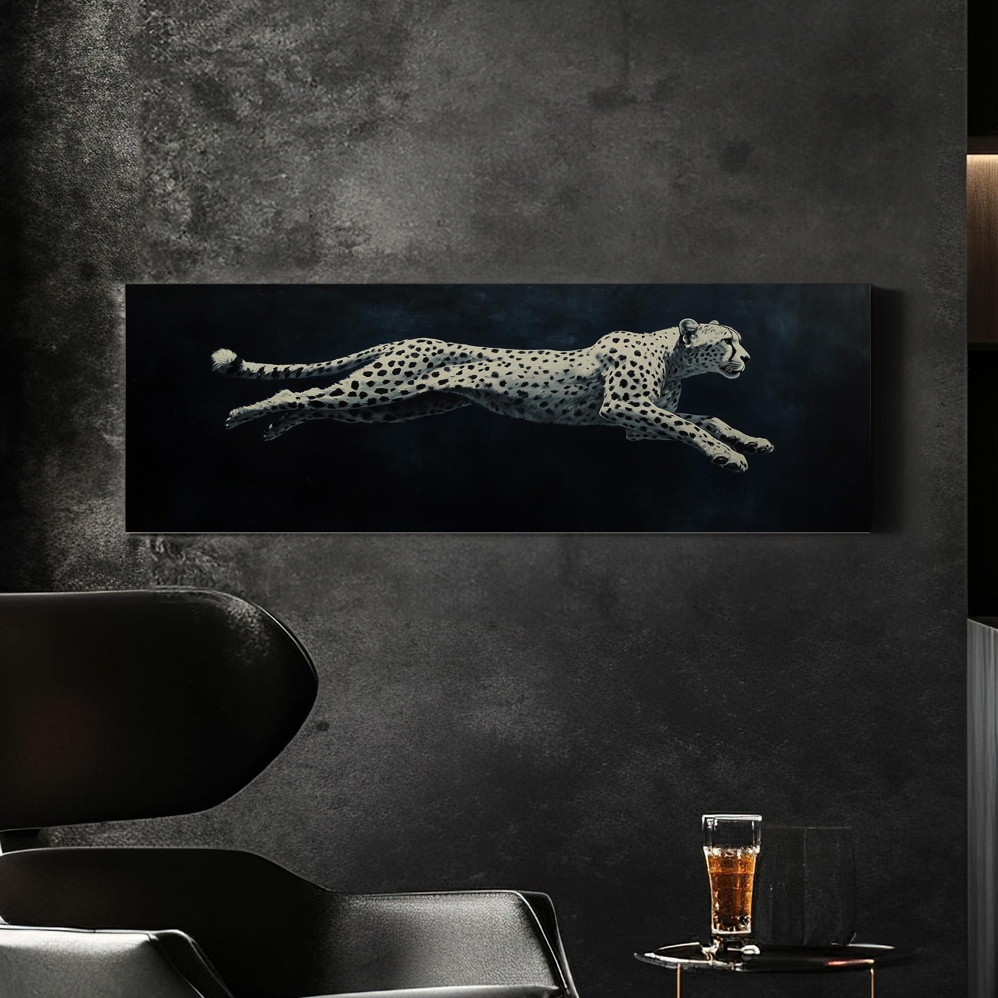 Running White Cheetah Panoramic Night Speed, Minimal Wilderness Charm Canvas Print, Dark Mood Printed Canvas Art