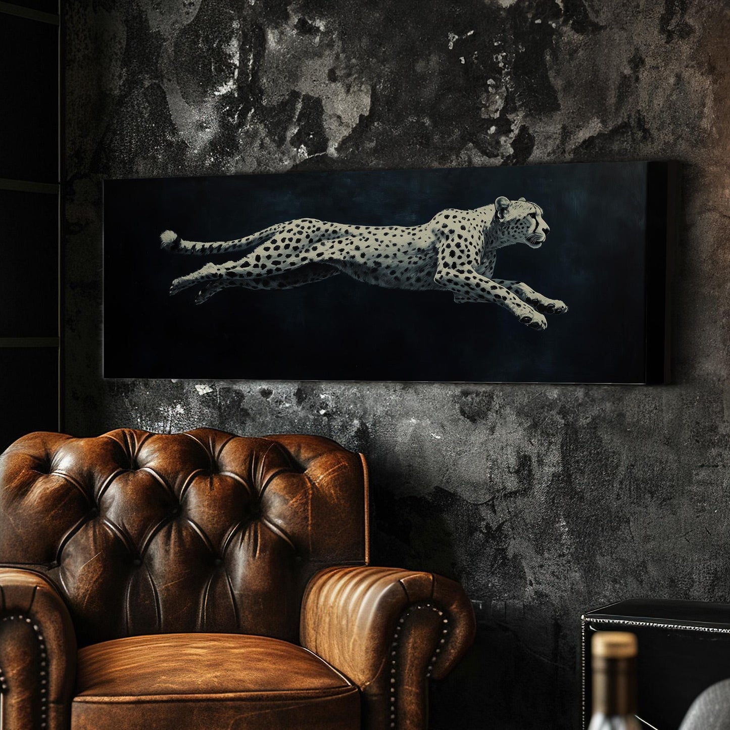 Running White Cheetah Panoramic Night Speed, Minimal Wilderness Charm Canvas Print, Dark Mood Printed Canvas Art