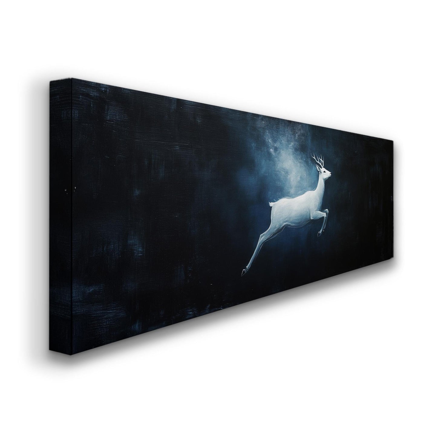 Running White Deer Panoramic Wild Serenity, Minimal Dark Horizon Canvas Print, Noble Beauty Printed Canvas Art