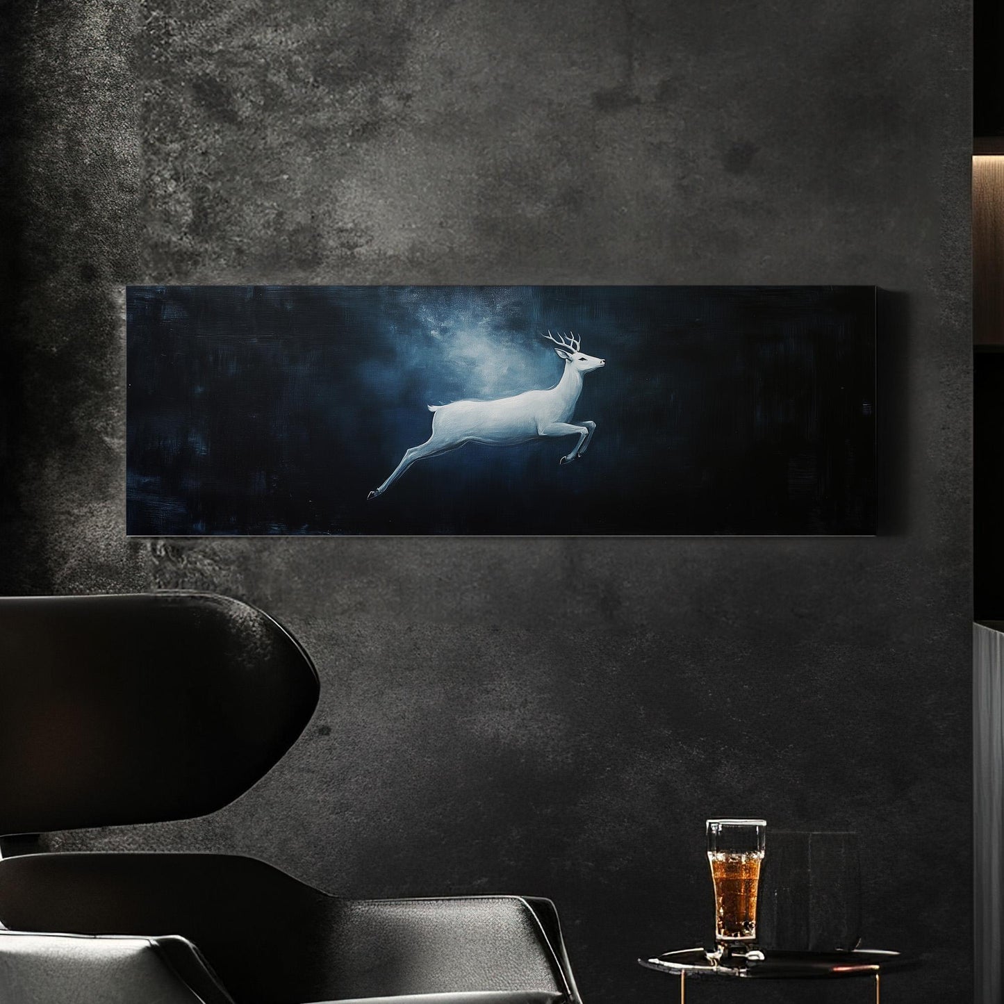 Running White Deer Panoramic Wild Serenity, Minimal Dark Horizon Canvas Print, Noble Beauty Printed Canvas Art