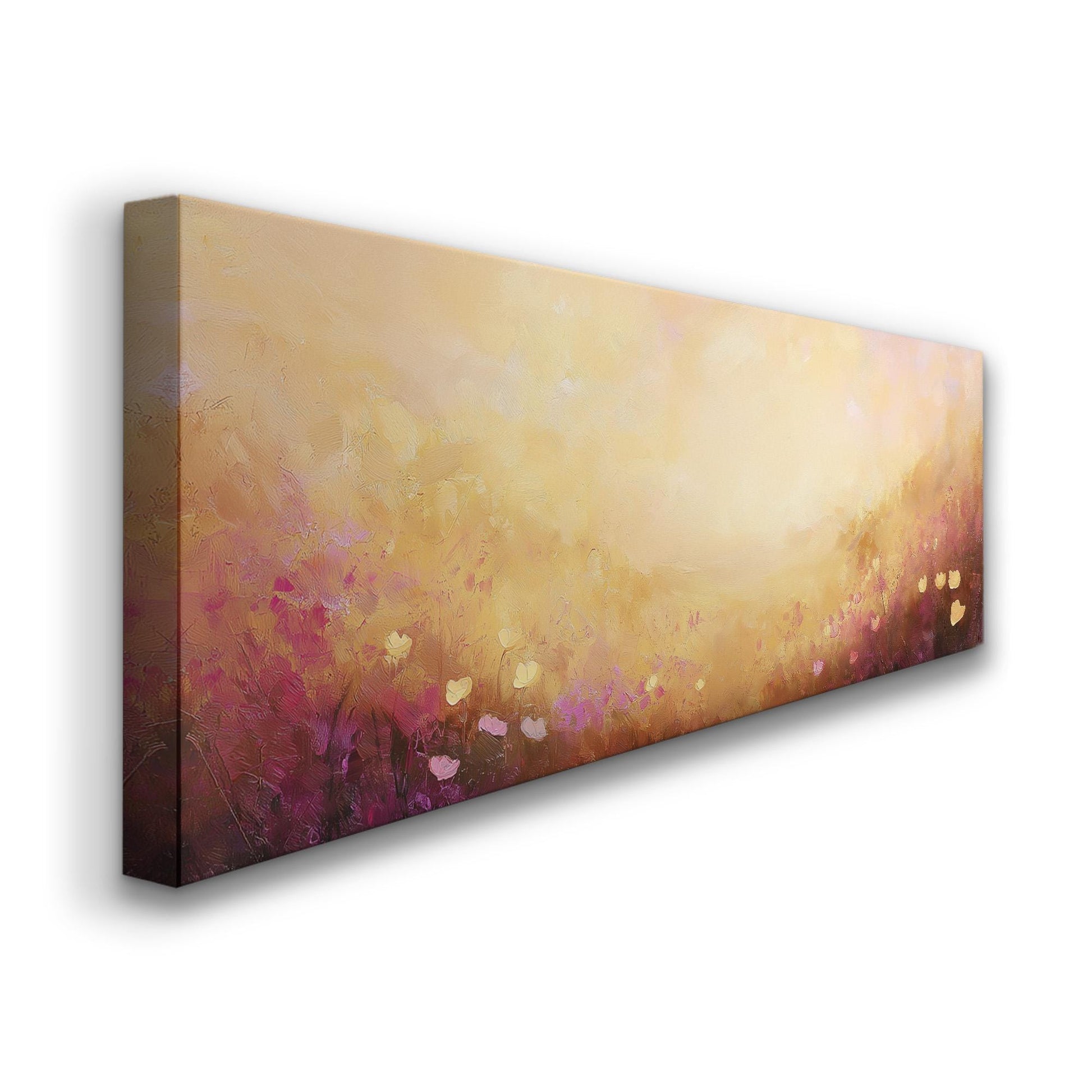 Sunrise Spring Meadow Panoramic Wildflower Field, Minimal Muted Landscape Canvas Print, English Countryside Printed Canvas Art