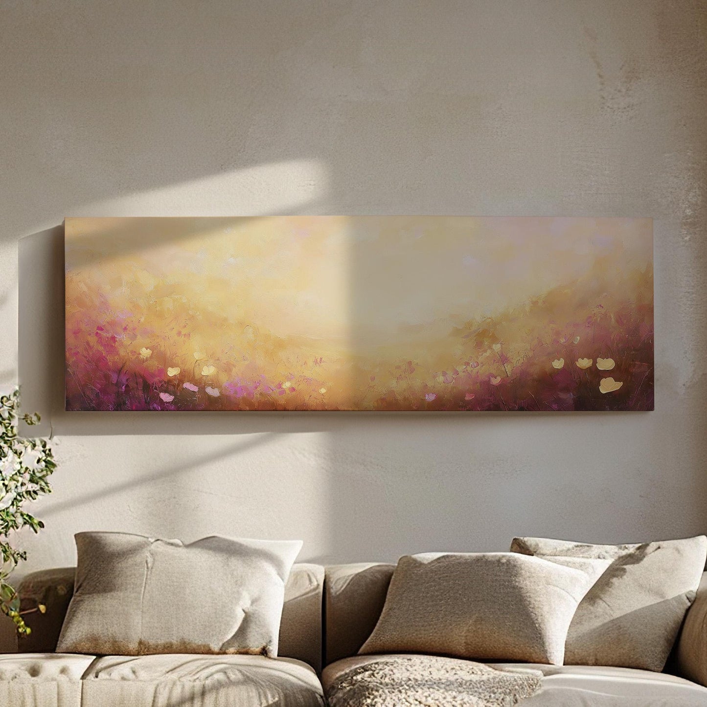 Sunrise Spring Meadow Panoramic Wildflower Field, Minimal Muted Landscape Canvas Print, English Countryside Printed Canvas Art