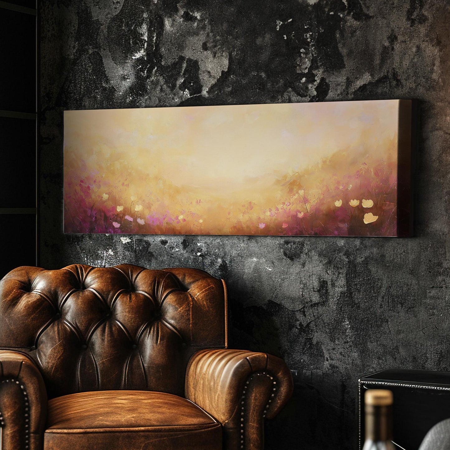 Sunrise Spring Meadow Panoramic Wildflower Field, Minimal Muted Landscape Canvas Print, English Countryside Printed Canvas Art