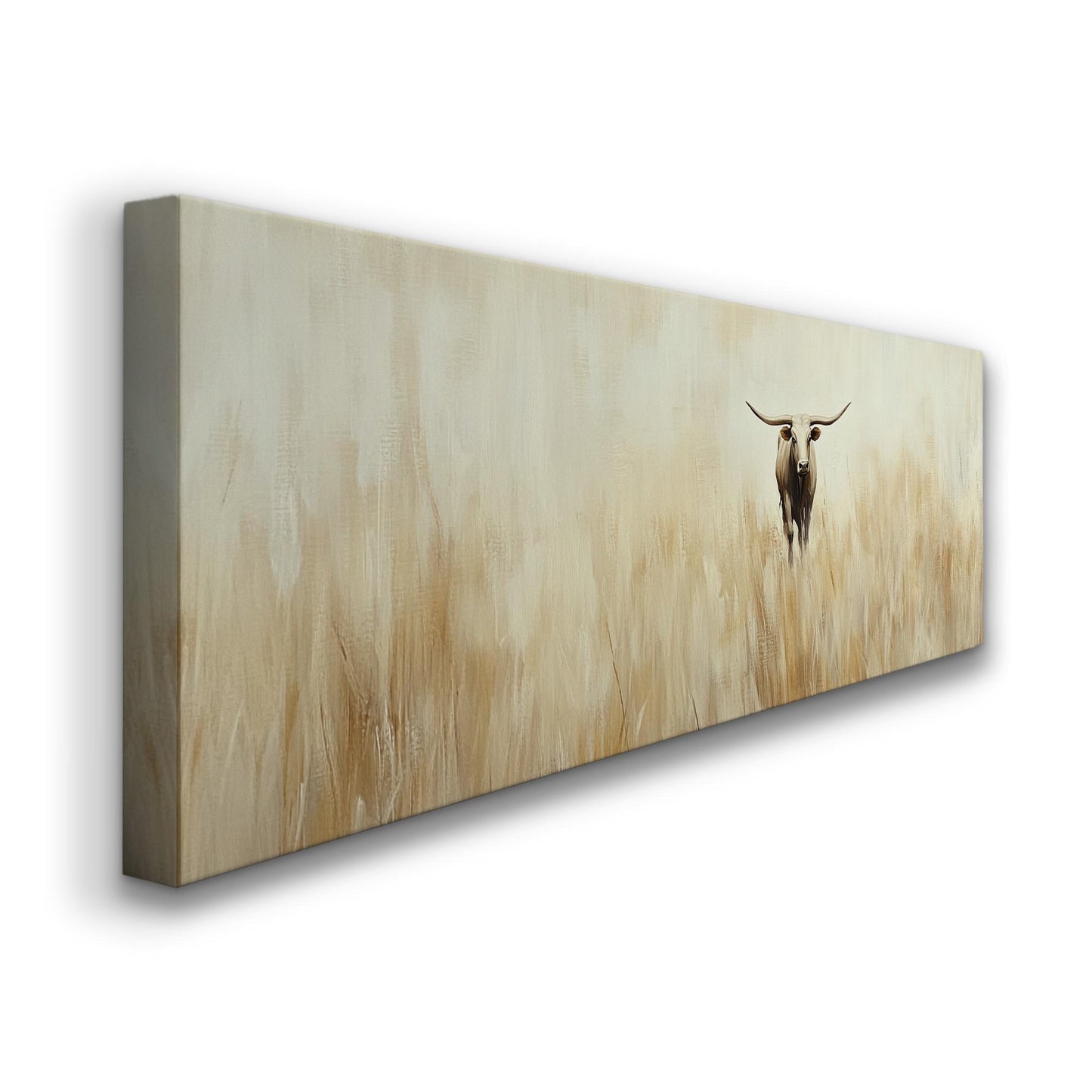 Vintage Texas Longhorn Panoramic Minimal Landscape, Minimal Farmhouse Style Canvas Print, Yellow Grass Field Printed Canvas Art