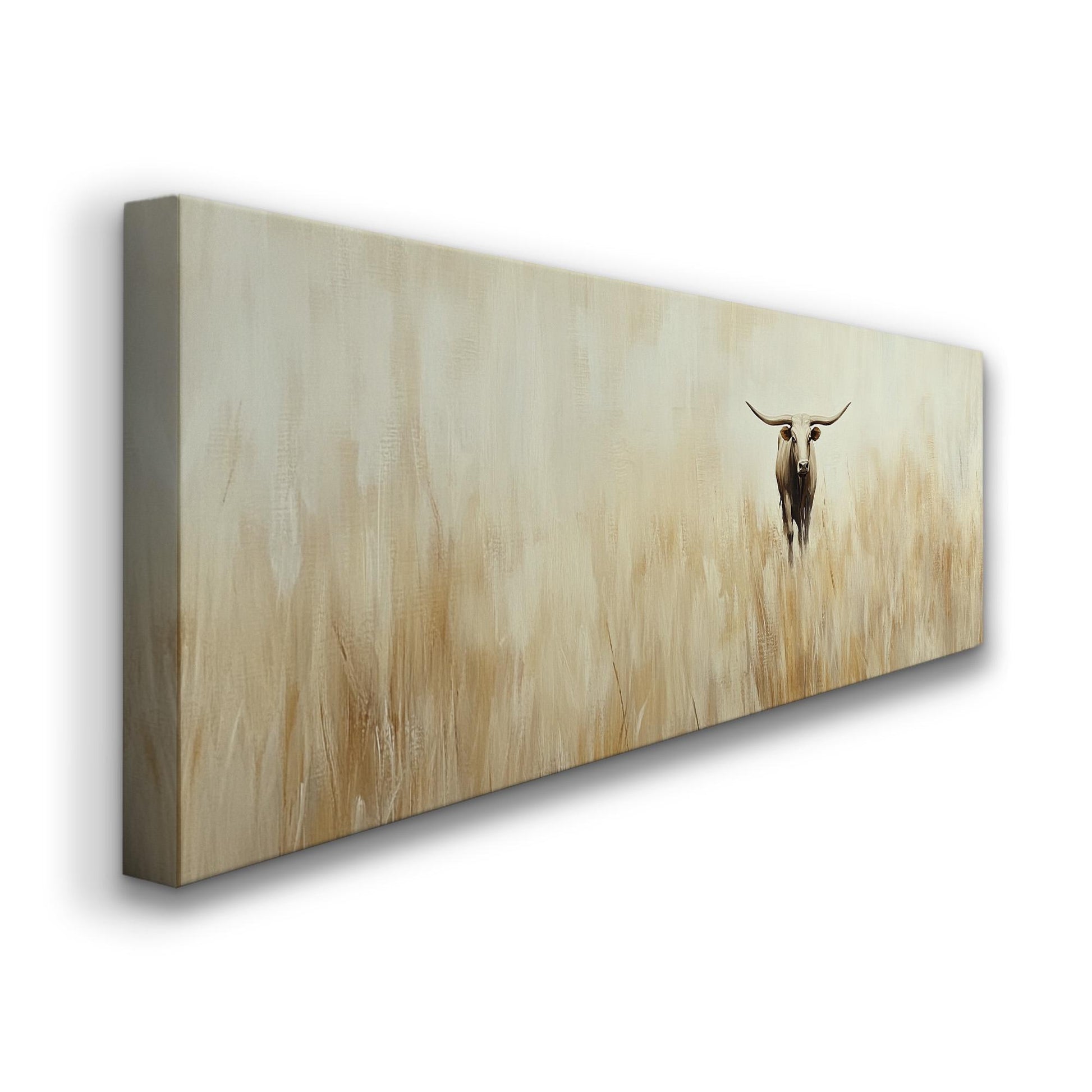 Vintage Texas Longhorn Panoramic Minimal Landscape, Minimal Farmhouse Style Canvas Print, Yellow Grass Field Printed Canvas Art