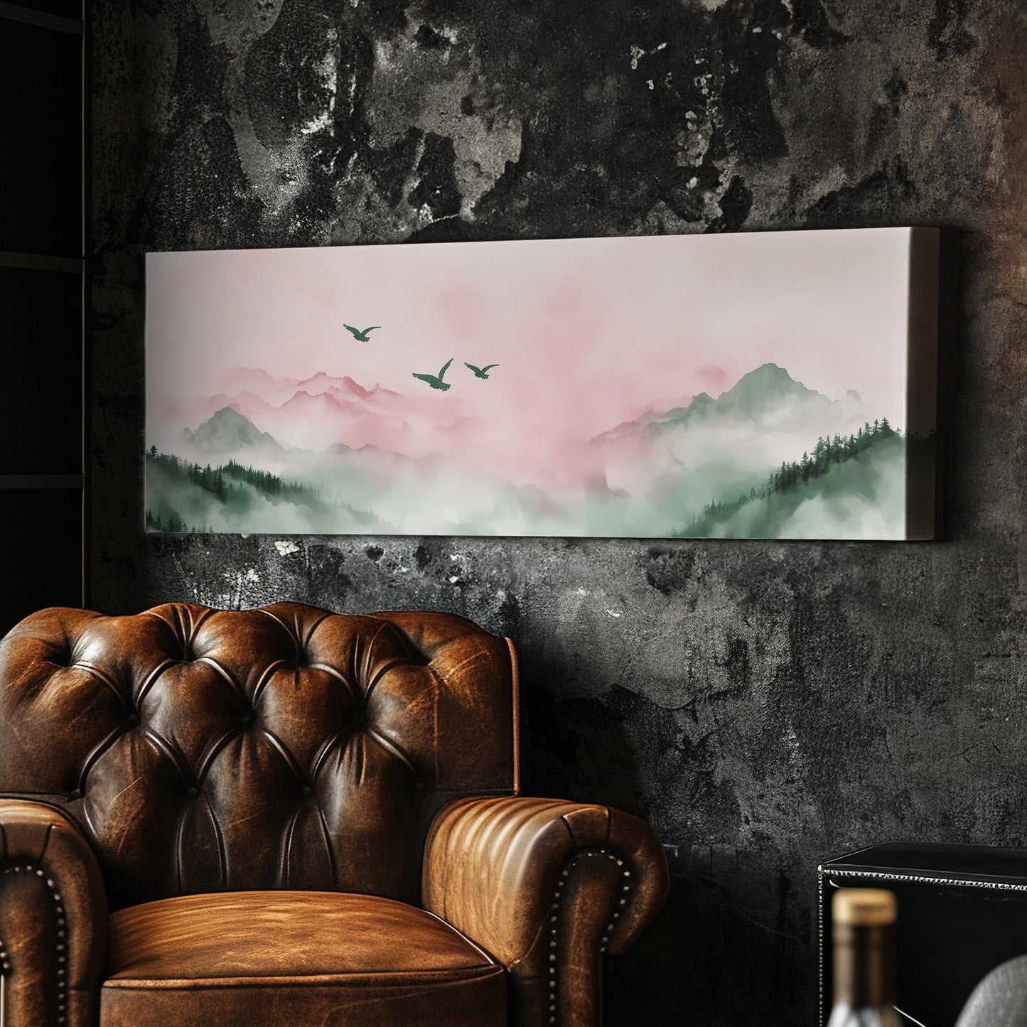 Watercolor Birds Above Mountains Panoramic Moody Vibes, Minimal Nature Calm Canvas Print, Bird Flock Printed Canvas Art