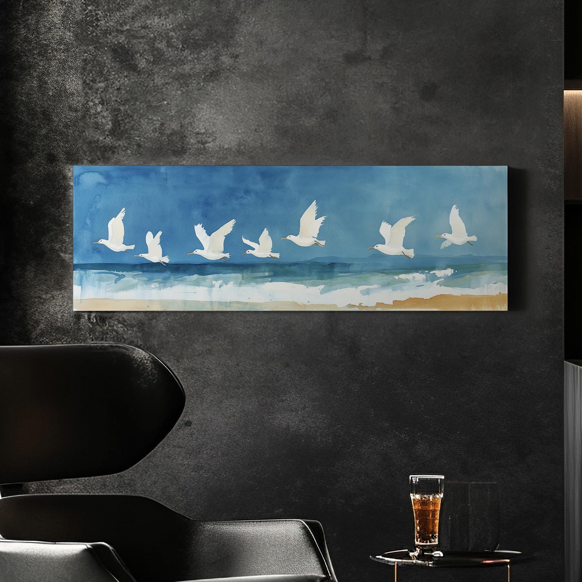 Watercolor White Birds Panoramic Beach Vibes, Minimal Nature Calm Canvas Print, Bird Flock Printed Canvas Art