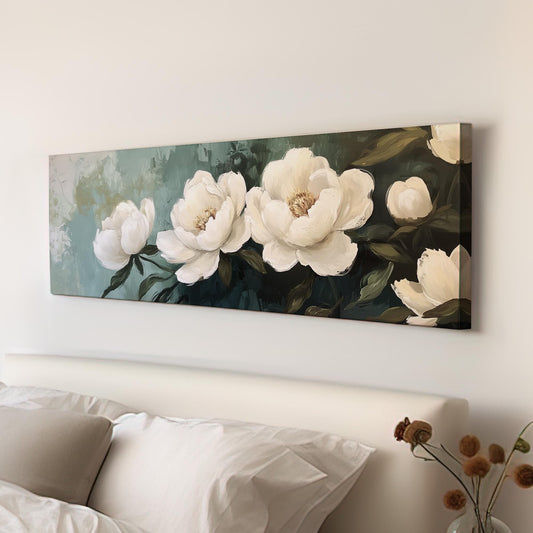 White Peonies Panoramic Abstract Peonies, Minimal Floral Charm Canvas Print, Green Farmhouse Printed Canvas Art