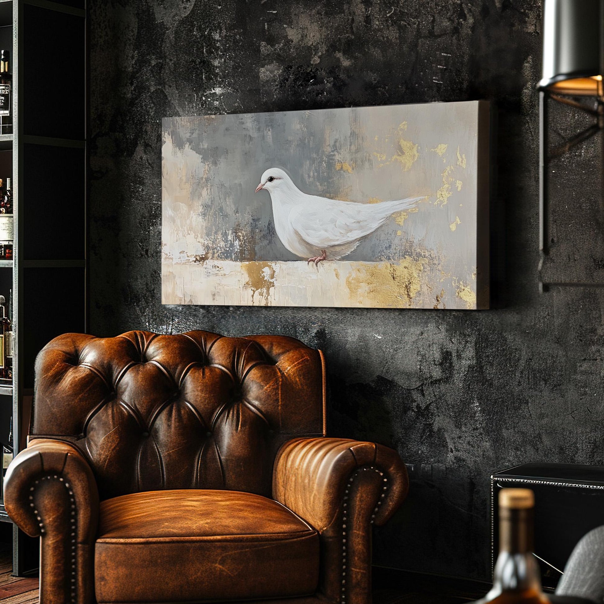 Abstract White Dove Lanscape Gold Colors, 2x1 Nature Calm Canvas Print, White Bird 20x60 Canvas Art