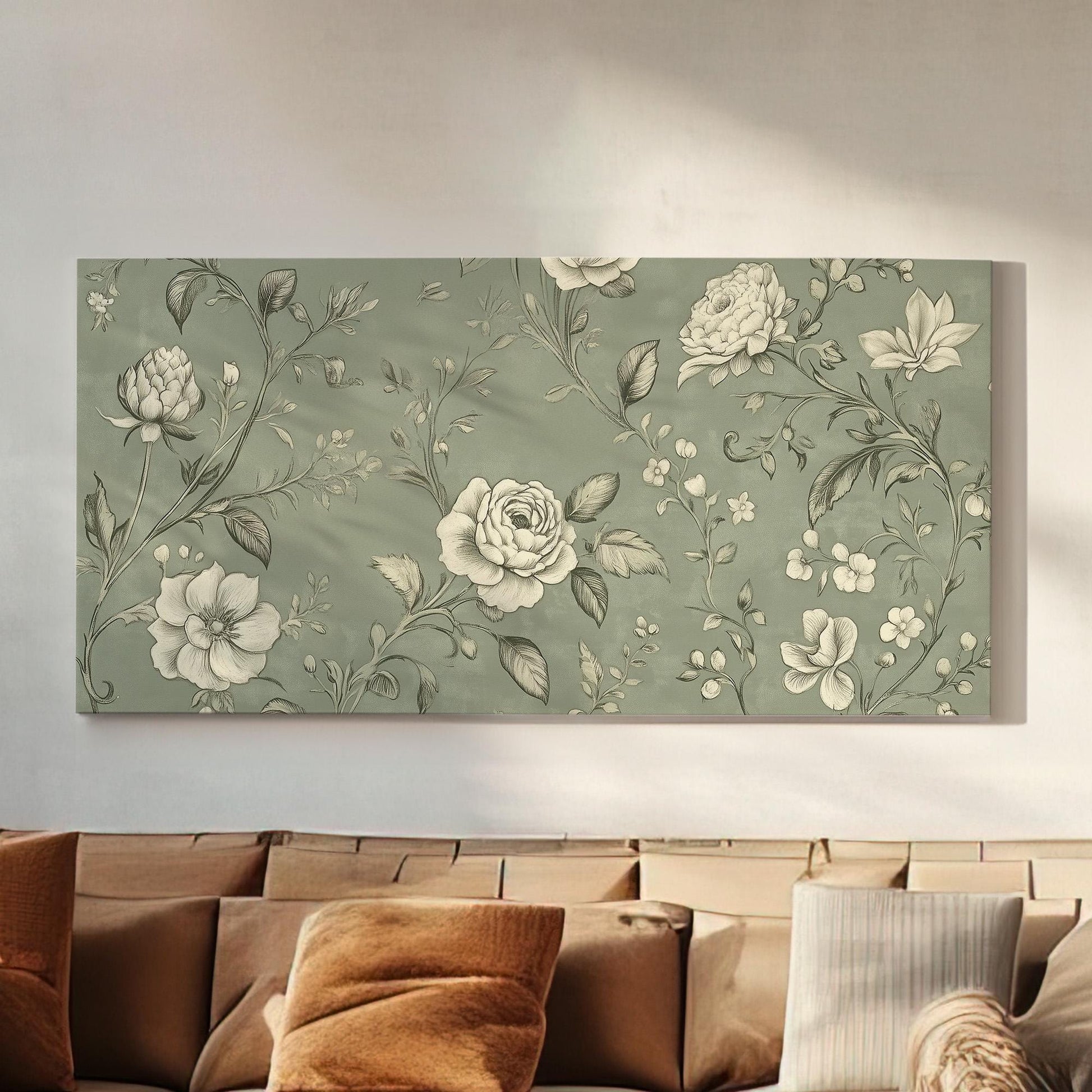 Antique European Green Grey Flowers Lanscape Vintage Textile, 2x1 Neutral Taperstry Canvas Print, Chrysanthemum 20x60 Canvas Art