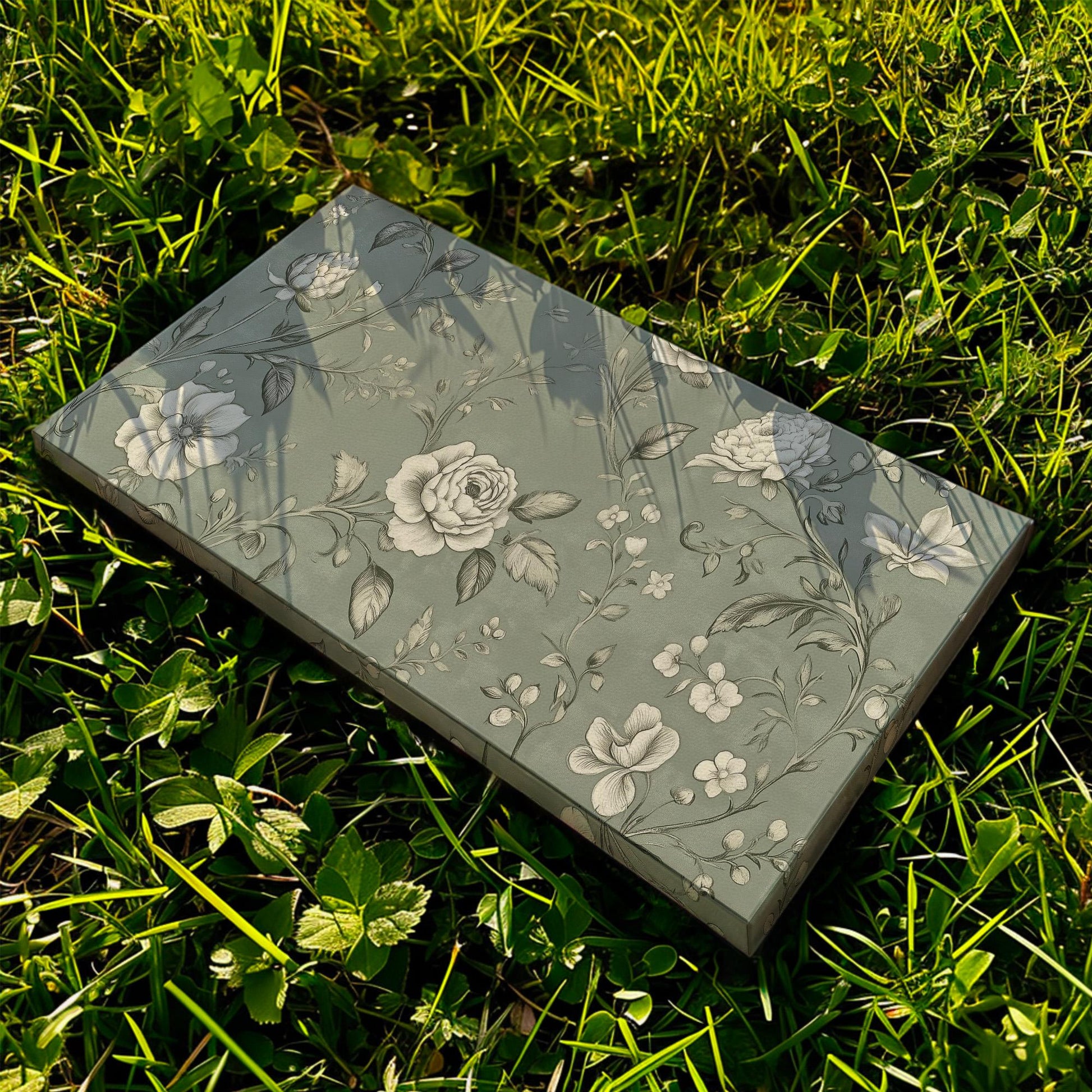 Antique European Green Grey Flowers Lanscape Vintage Textile, 2x1 Neutral Taperstry Canvas Print, Chrysanthemum 20x60 Canvas Art