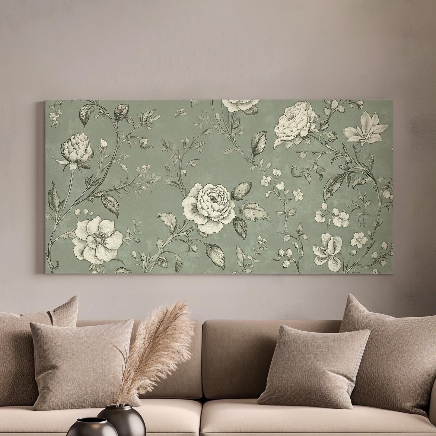 Antique European Green Grey Flowers Lanscape Vintage Textile, 2x1 Neutral Taperstry Canvas Print, Chrysanthemum 20x60 Canvas Art