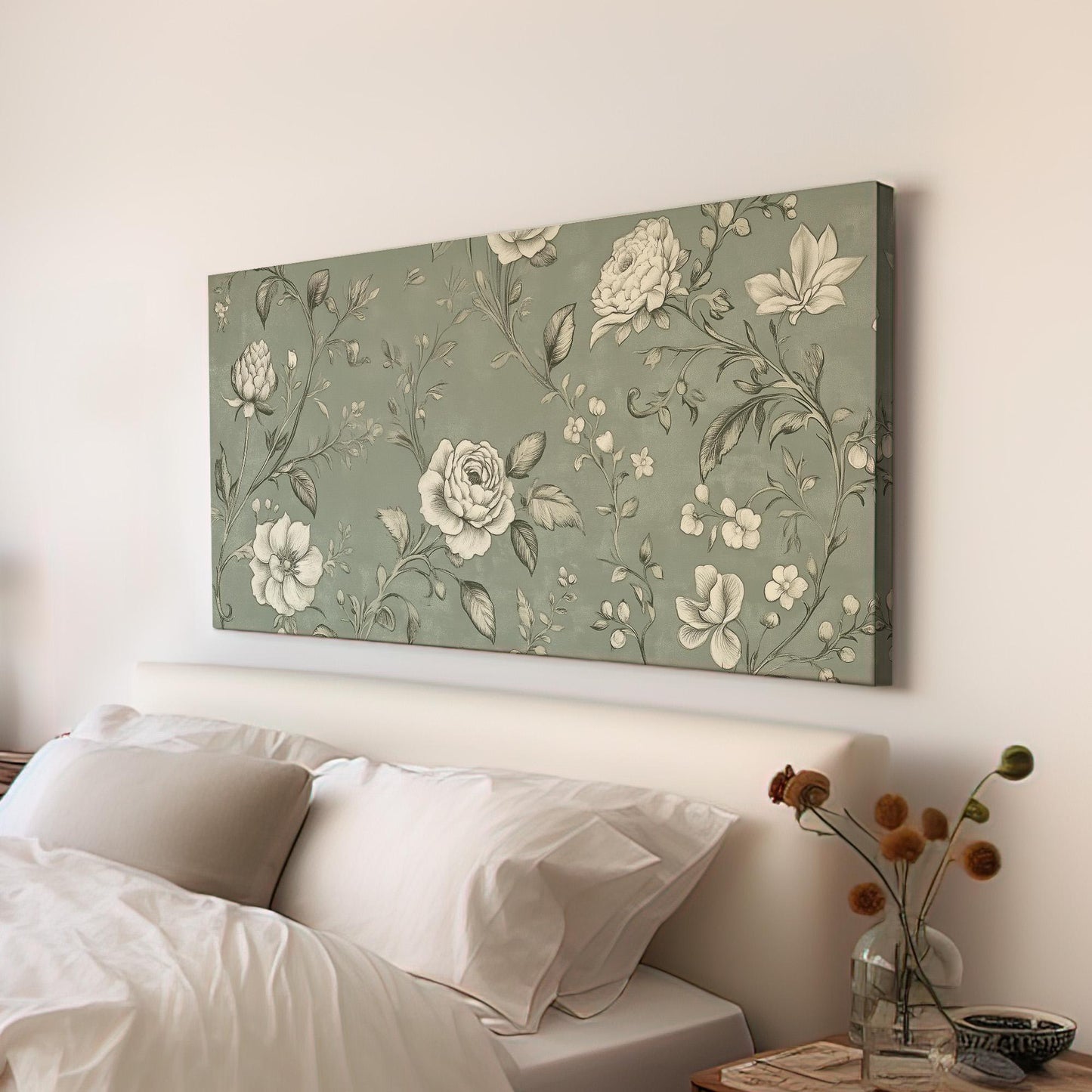 Antique European Green Grey Flowers Lanscape Vintage Textile, 2x1 Neutral Taperstry Canvas Print, Chrysanthemum 20x60 Canvas Art