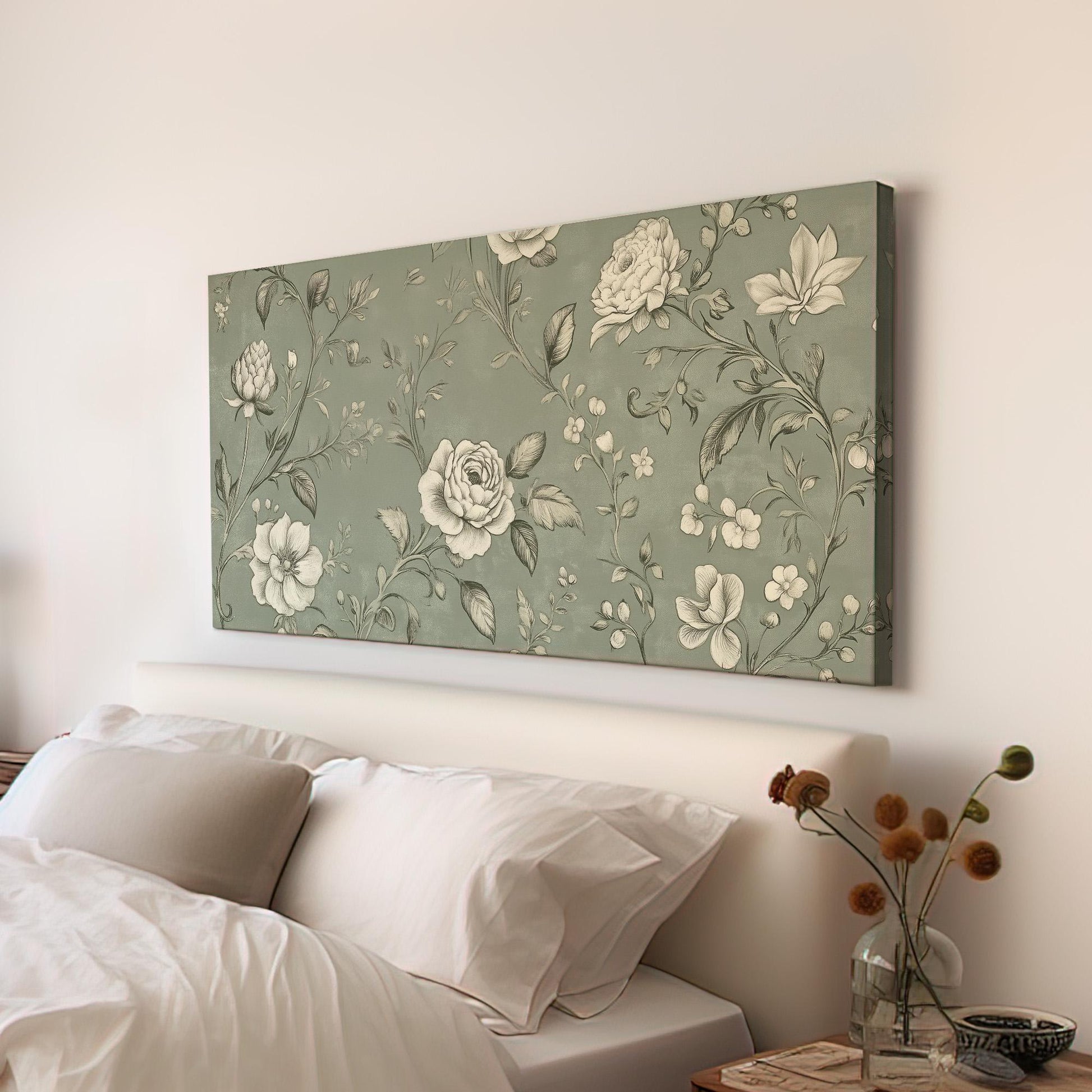 Antique European Green Grey Flowers Lanscape Vintage Textile, 2x1 Neutral Taperstry Canvas Print, Chrysanthemum 20x60 Canvas Art