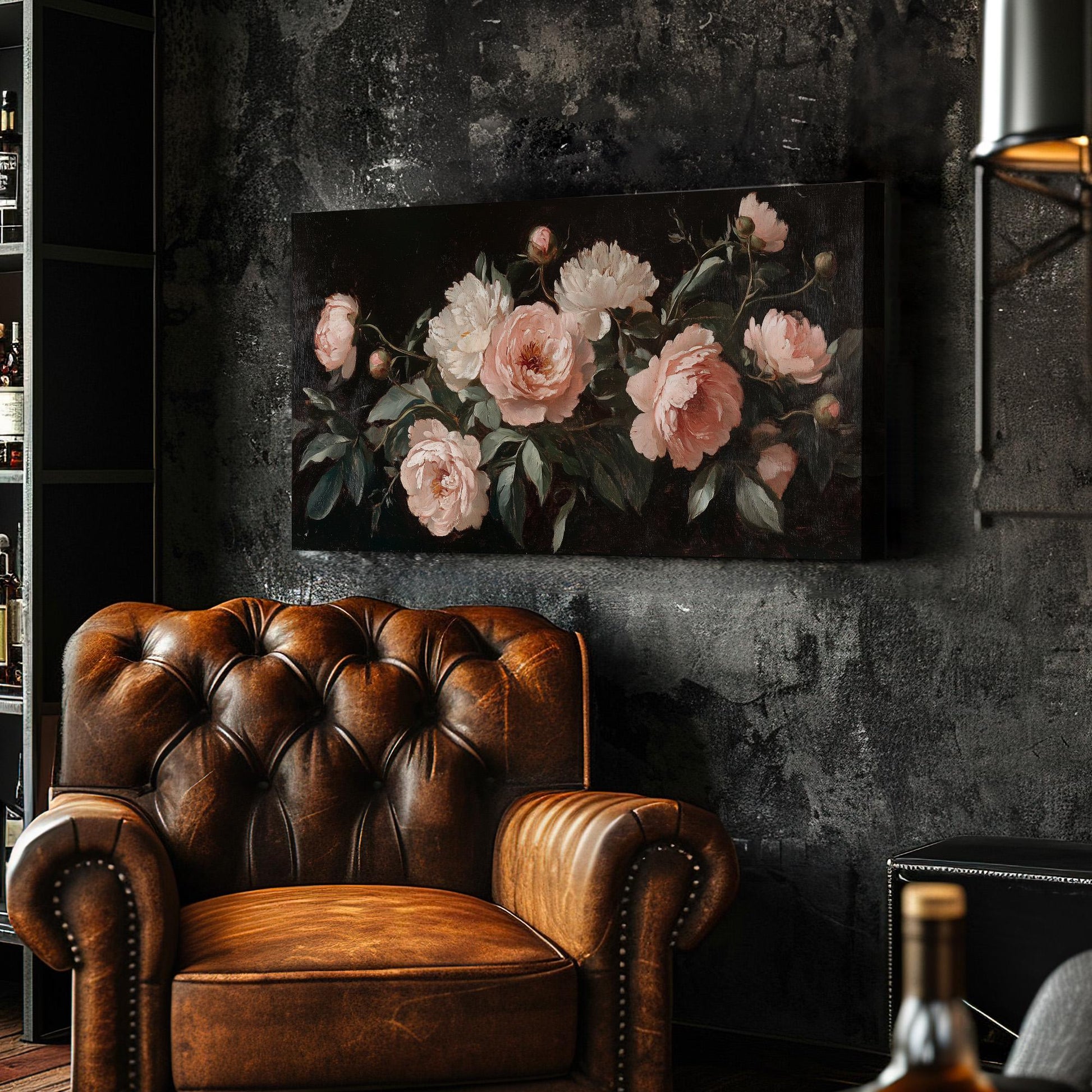 Renaissance Peony Bouquet Lanscape Rustic Peonies, 2x1 Floral Charm Canvas Print, Spring Farmhouse 20x60 Canvas Art