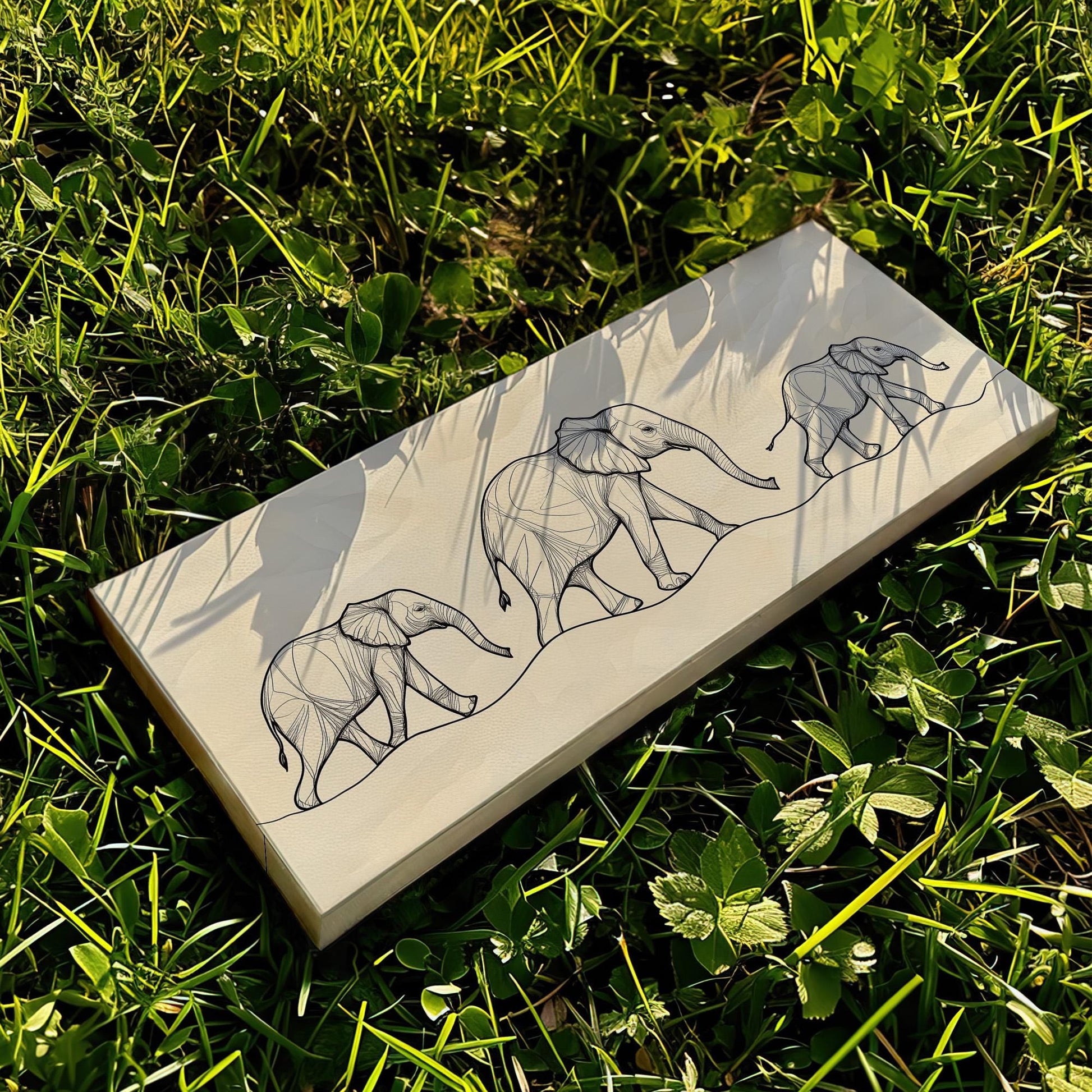 Elephant Family Drawing Panoramic African Elephant, Minimal Animal Lover Canvas Print, Boho Japandi Printed Canvas Art
