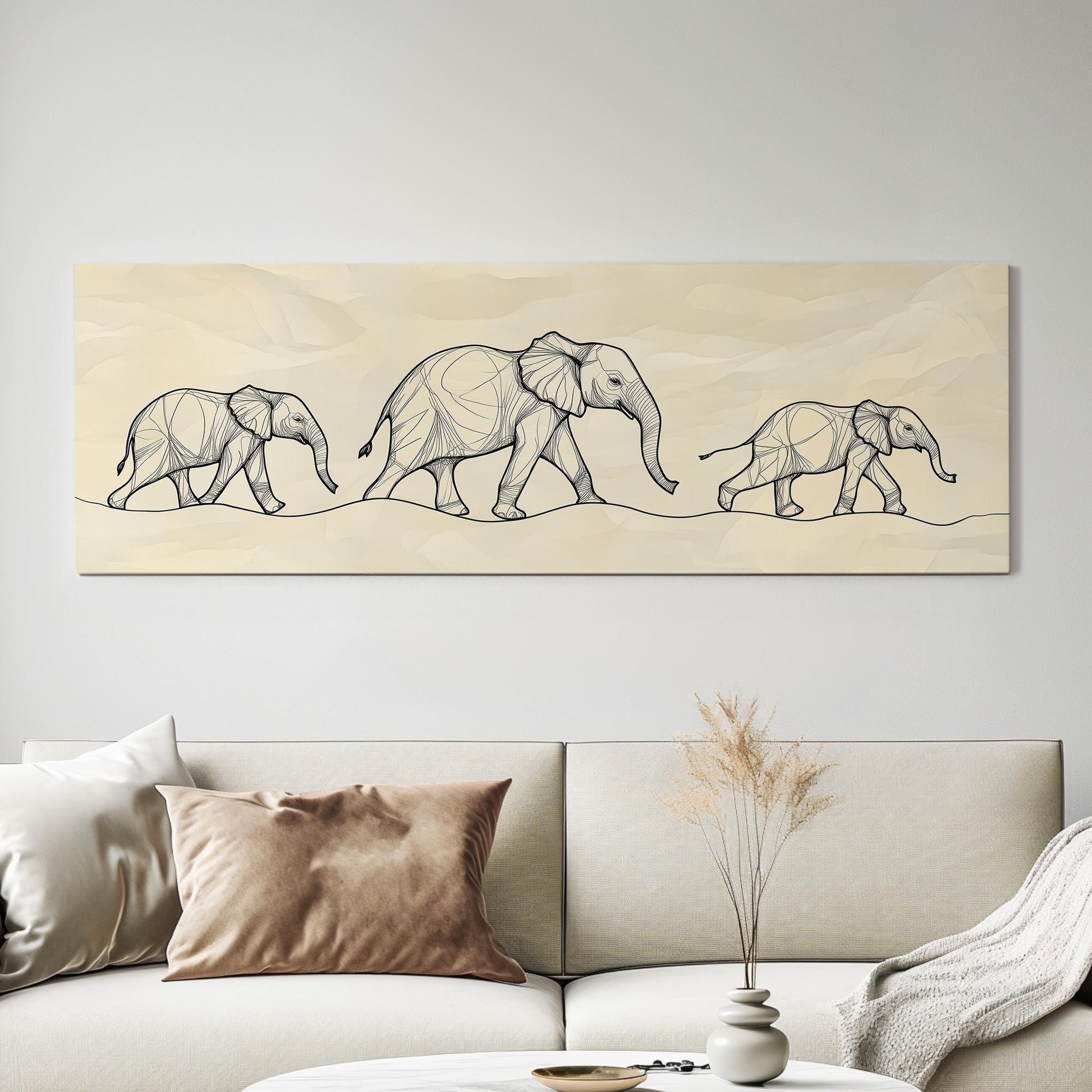 Elephant Family Drawing Panoramic African Elephant, Minimal Animal Lover Canvas Print, Boho Japandi Printed Canvas Art