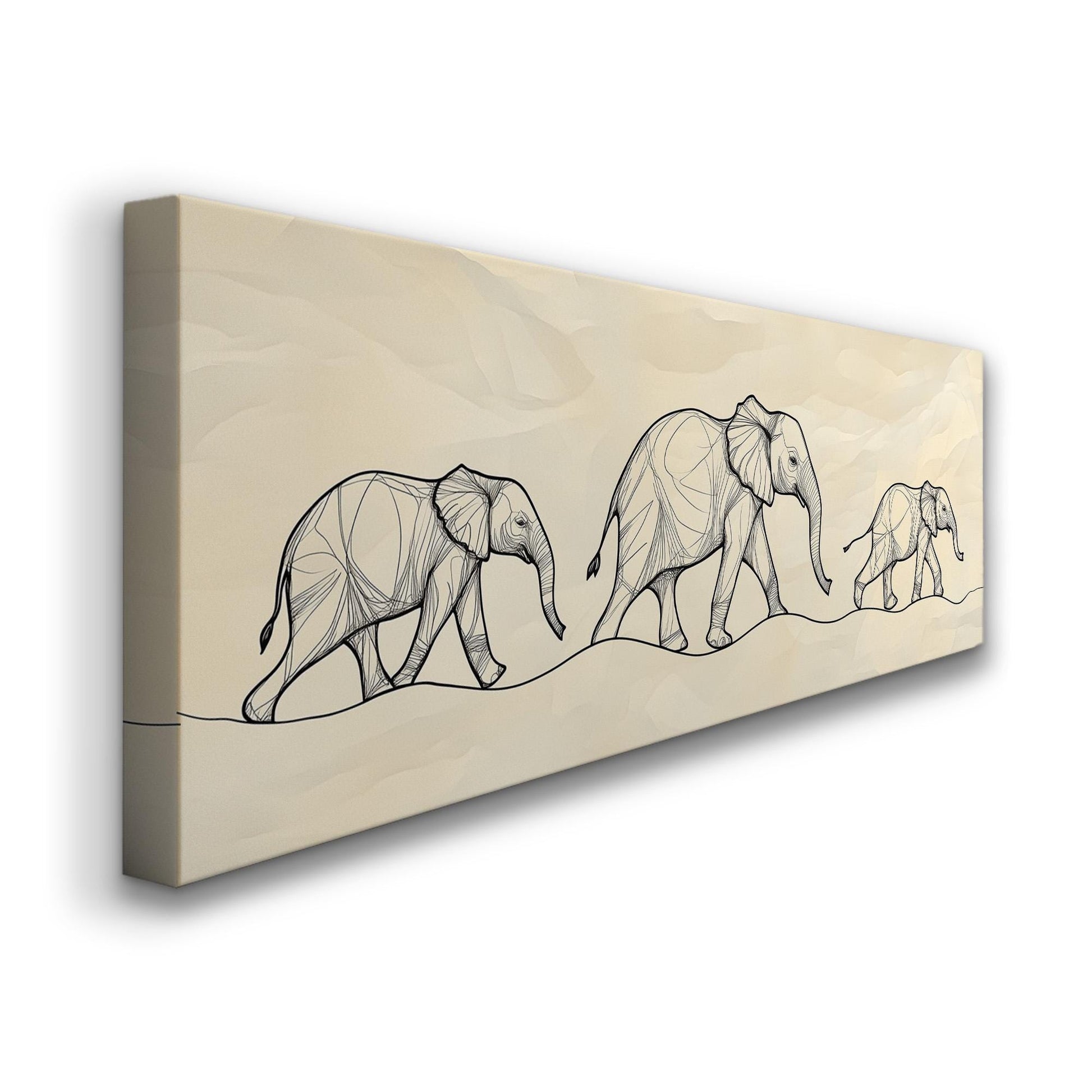 Elephant Family Drawing Panoramic African Elephant, Minimal Animal Lover Canvas Print, Boho Japandi Printed Canvas Art