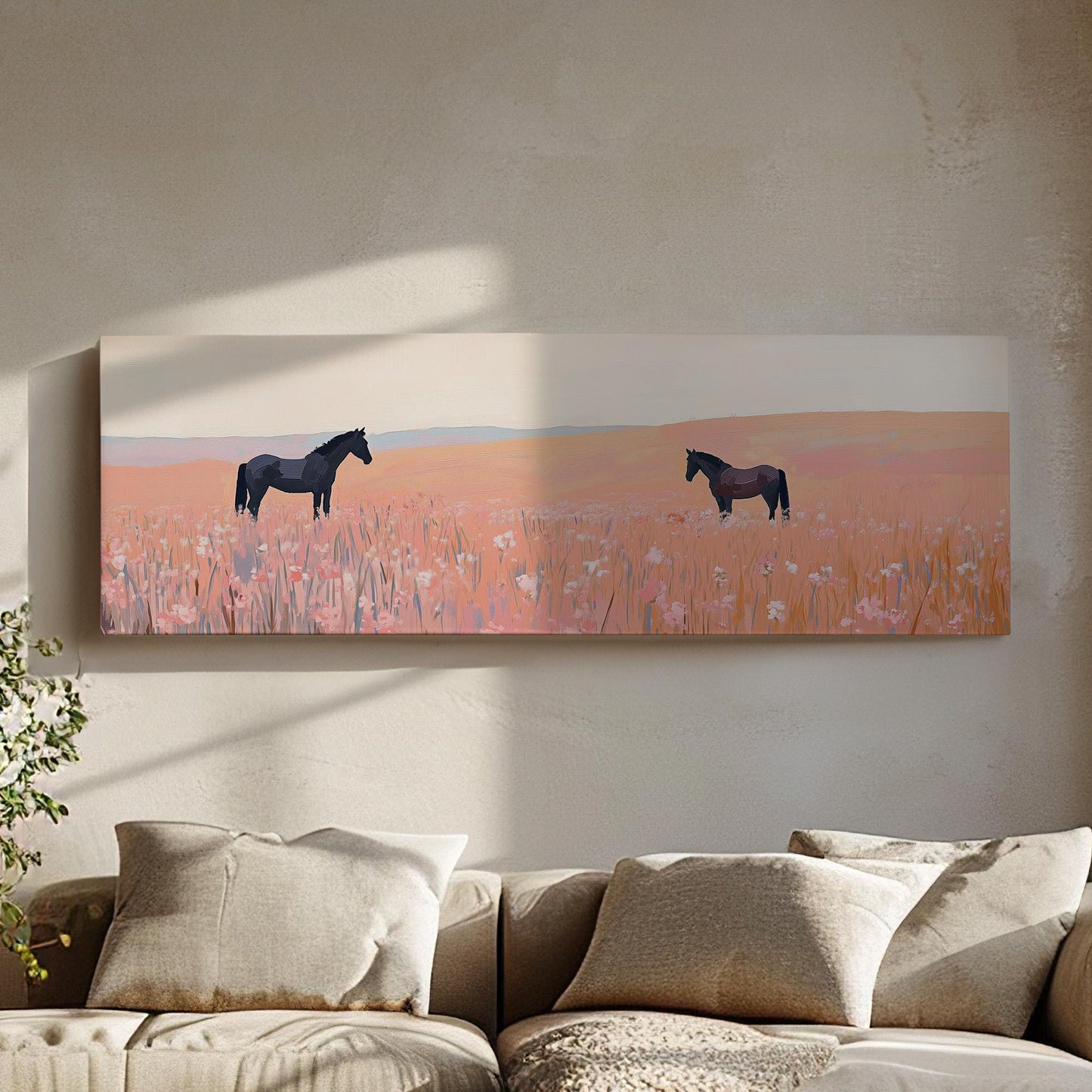 Praire Horses Panoramic Western Country, Minimal Farmhouse Equestrian Canvas Print, Wild Nature Printed Canvas Art