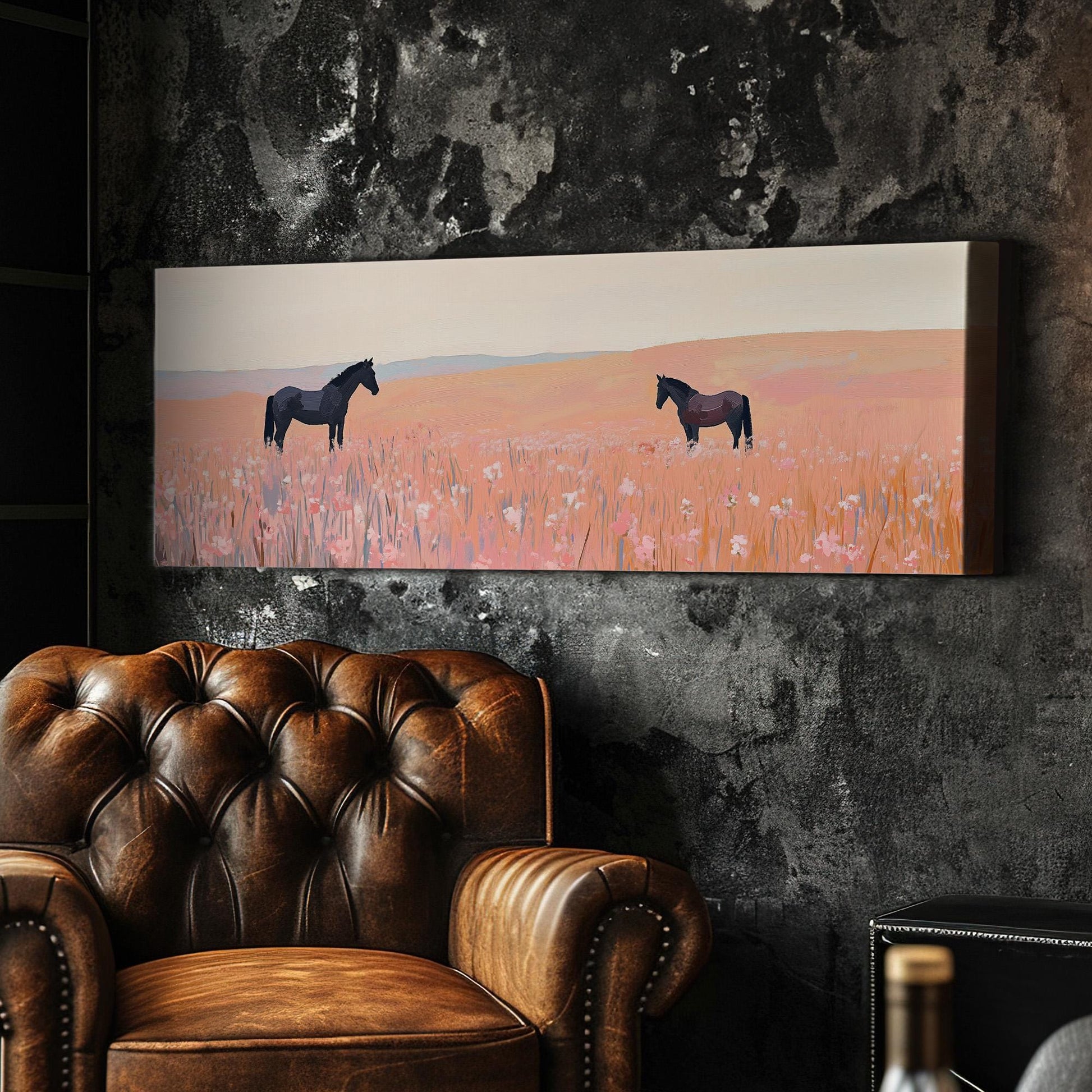 Praire Horses Panoramic Western Country, Minimal Farmhouse Equestrian Canvas Print, Wild Nature Printed Canvas Art