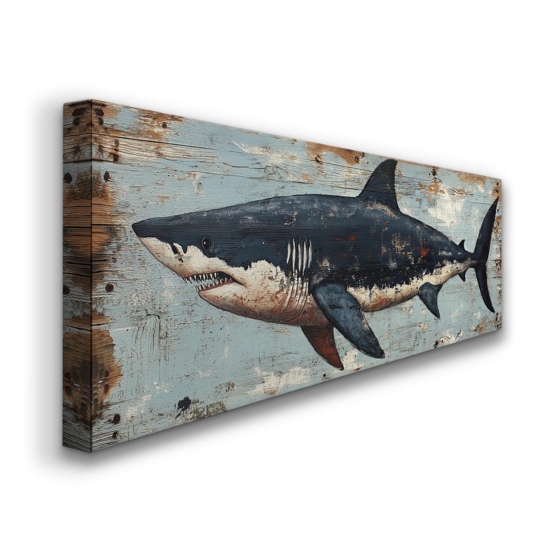 Rustic Great White Shark Panoramic Coastal Theme, Minimal Blue Ocean Vibes Canvas Print, Sea Predator Printed Canvas Art