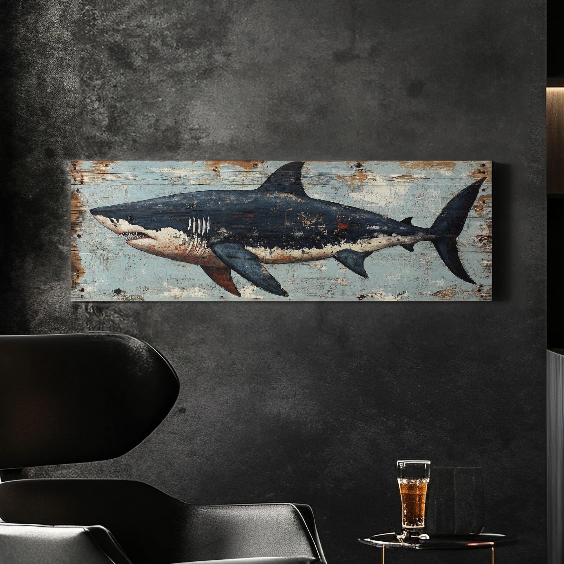 Rustic Great White Shark Panoramic Coastal Theme, Minimal Blue Ocean Vibes Canvas Print, Sea Predator Printed Canvas Art