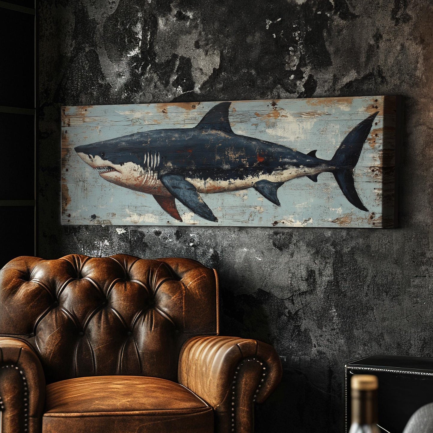 Rustic Great White Shark Panoramic Coastal Theme, Minimal Blue Ocean Vibes Canvas Print, Sea Predator Printed Canvas Art